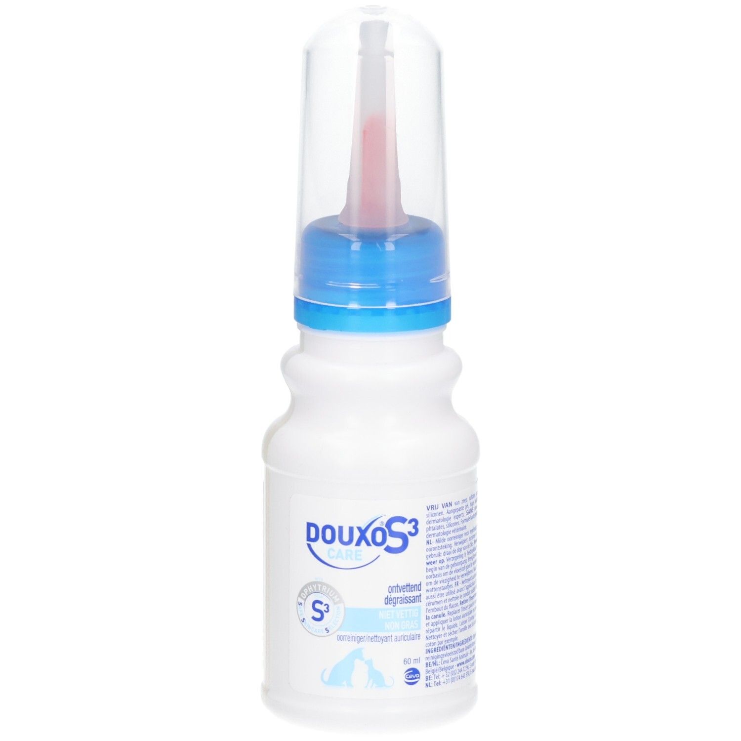 Flasche mit Douxo S3-Pflegeprodukt, 60 ml.