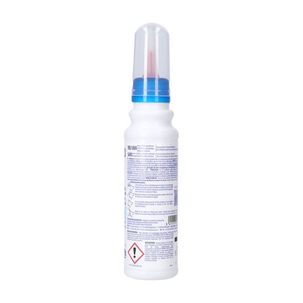 Flacon blanc avec bouchon bleu et applicateur. Dos avec texte. Pour le nettoyage des oreilles.