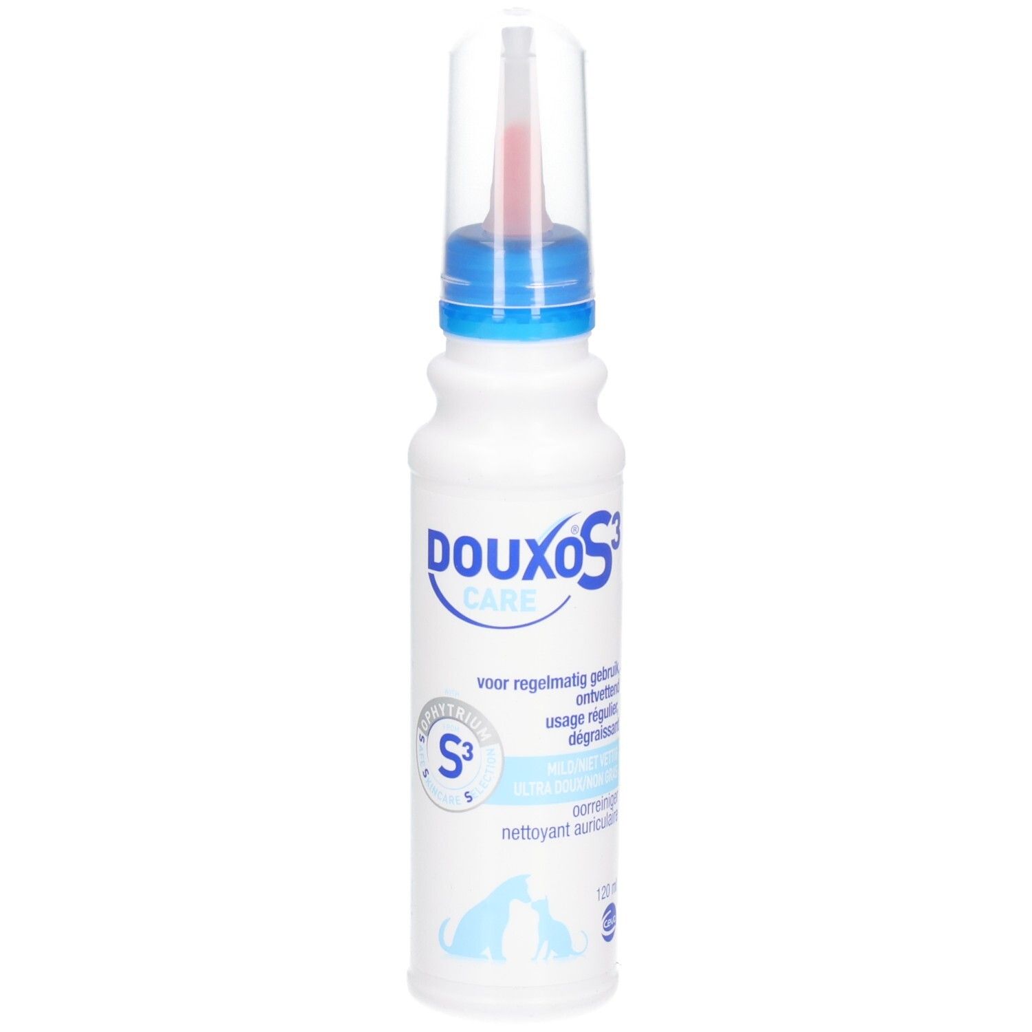 Weiße Flasche mit blauem Deckel und Applikator. Aufschrift Douxo S3 Care. Für Ohrenreinigung.