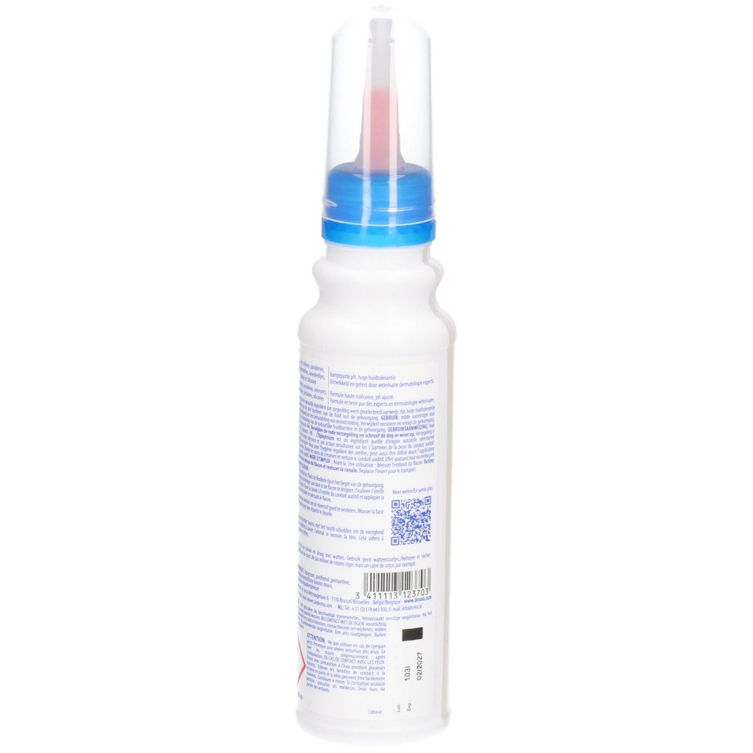 Weiße Flasche mit blauem Deckel und Applikator. Rückseite mit Text und Barcode. Für Ohrenreinigung.