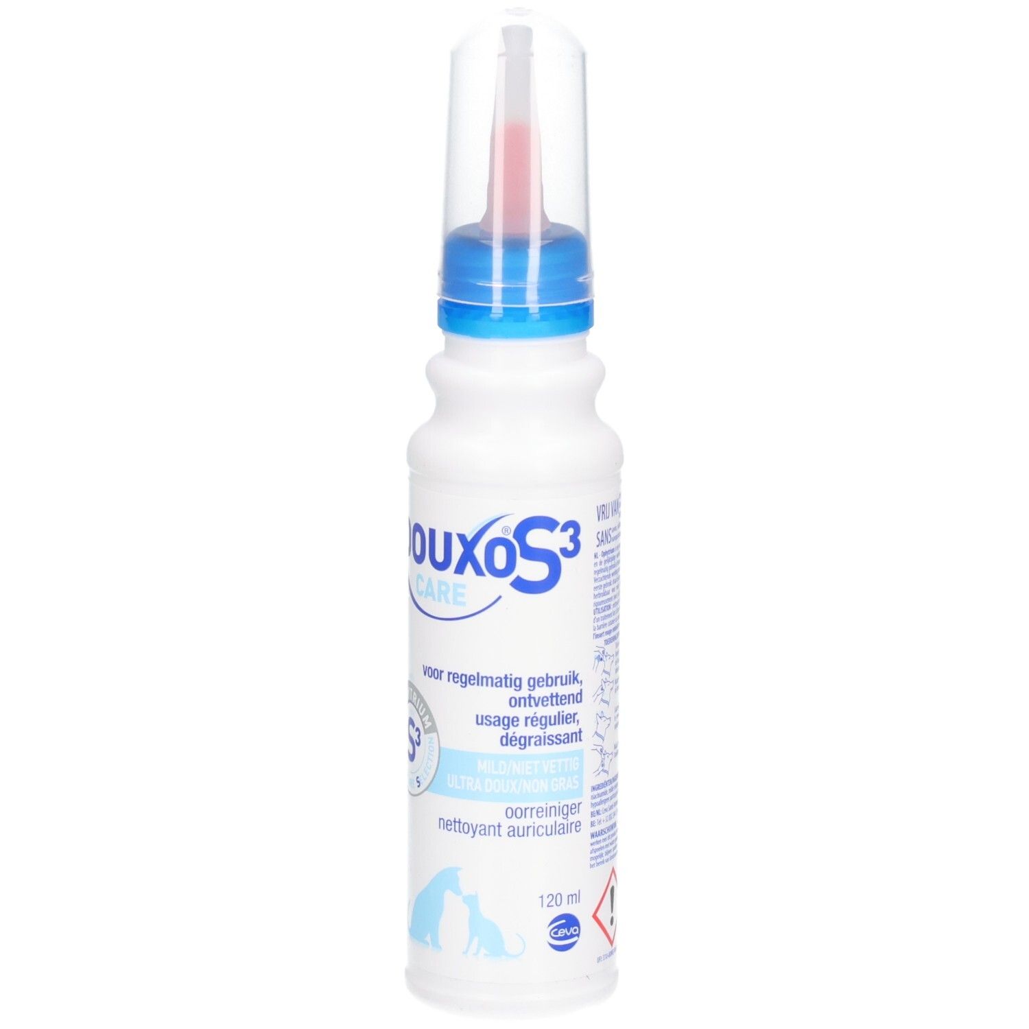 Weiße Flasche mit blauem Deckel und Applikator. Aufschrift Douxo S3 Care. Für Ohrenreinigung.