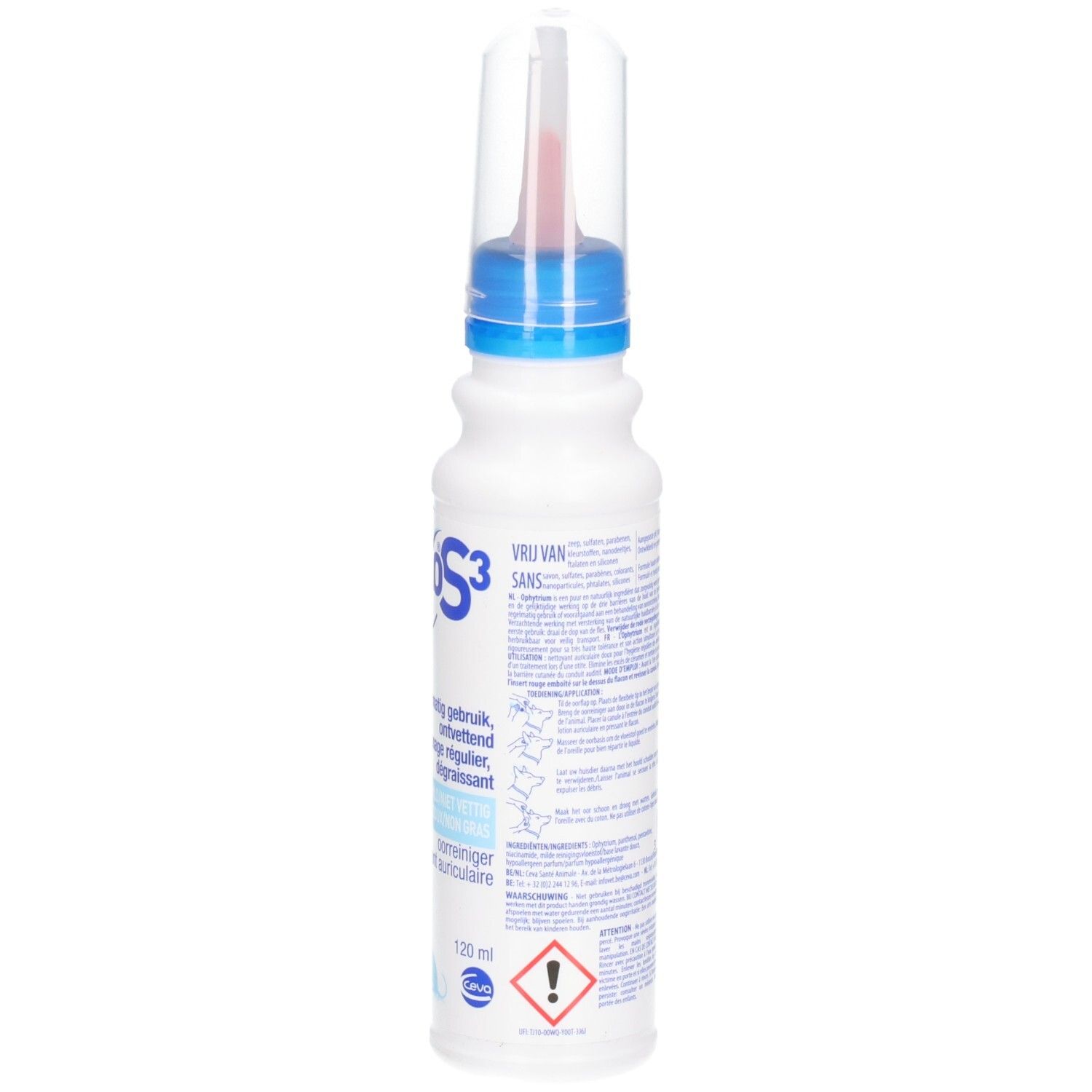 Weiße Flasche mit blauem Deckel und Applikator. Rückseite mit Text. Für Ohrenreinigung.