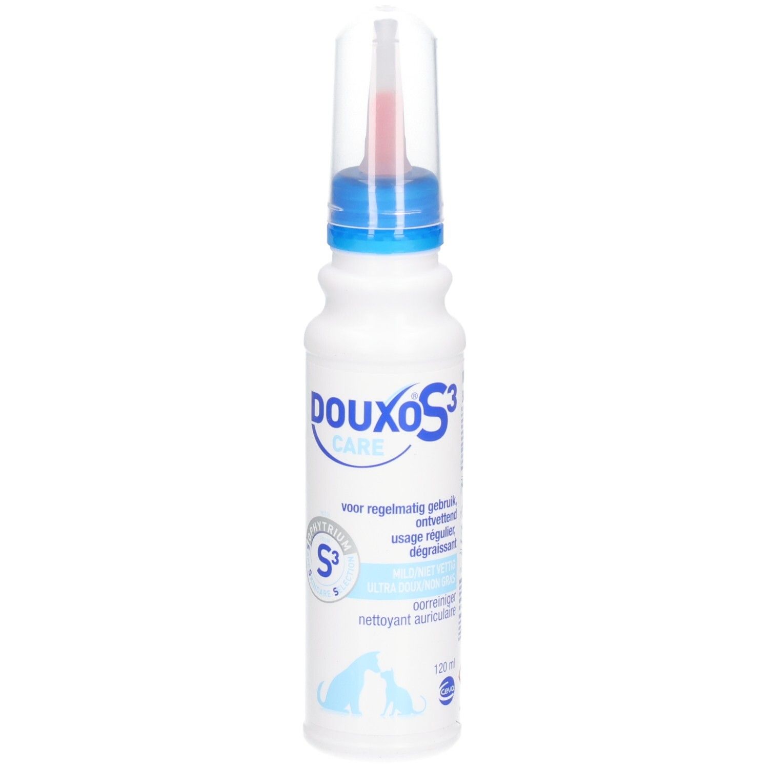 Weiße Flasche mit blauem Deckel und Applikator. Aufschrift Douxo S3 Care. Für Ohrenreinigung.