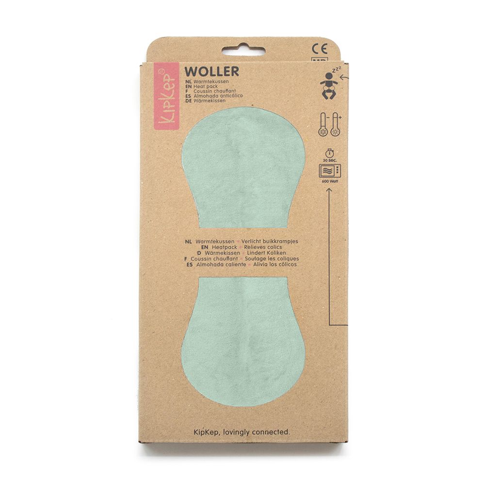 Kipkep Coussin Chauffante Klassisch Blassgrün. Face avant de l'emballage en carton avec image et texte du produit.
