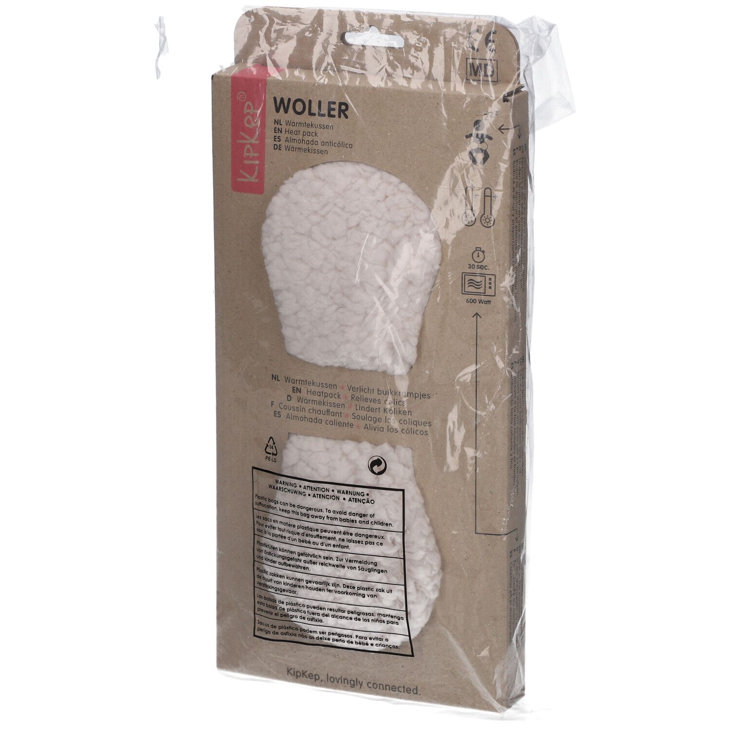 Verpackung mit KIPKEP Heizkissen. Braune Kartonverpackung mit Produktabbildung und Text. In transparenter Folie.