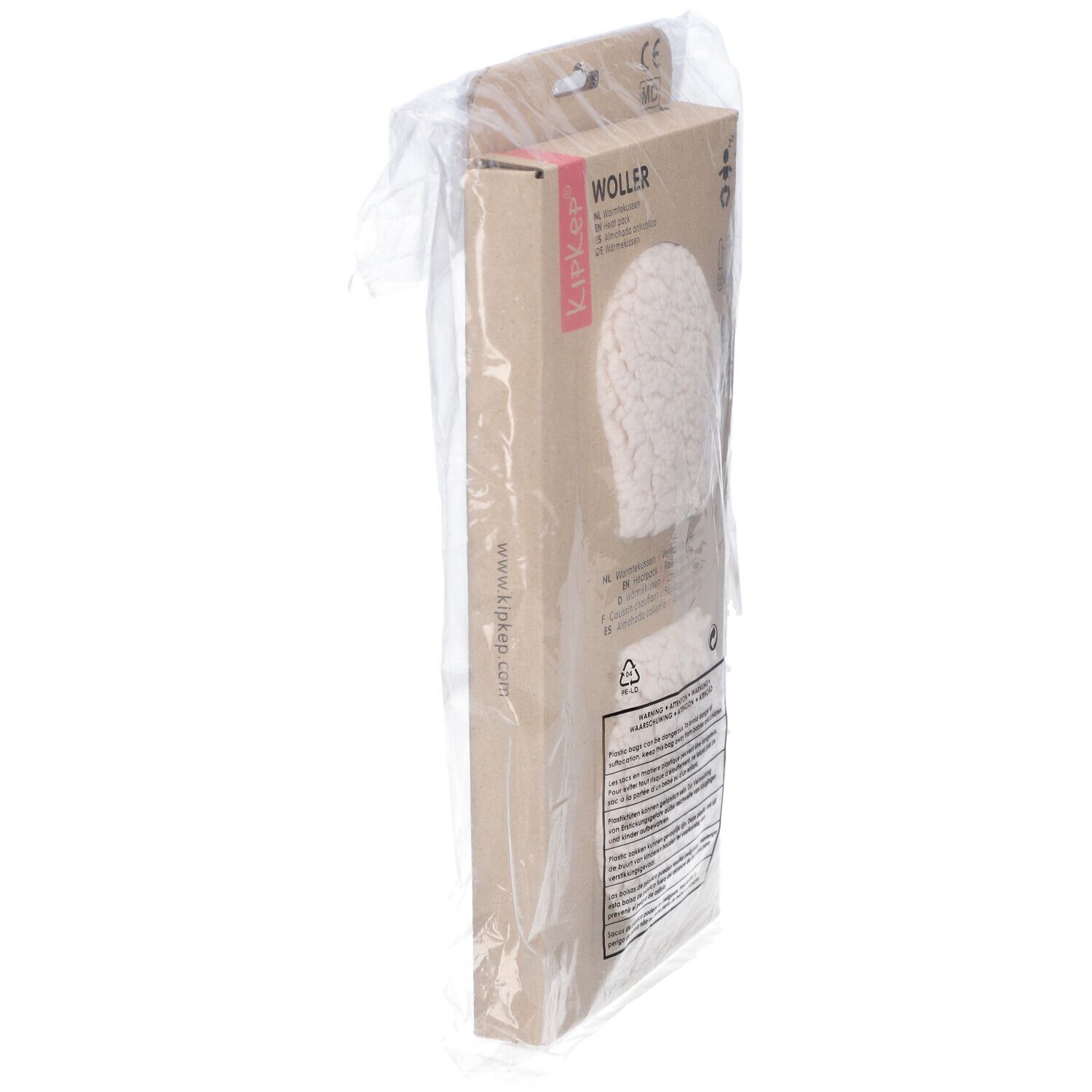 KIPKEP Heizkissen in Verpackung. Braune Kartonverpackung mit Produktabbildung und Text. In transparenter Folie.