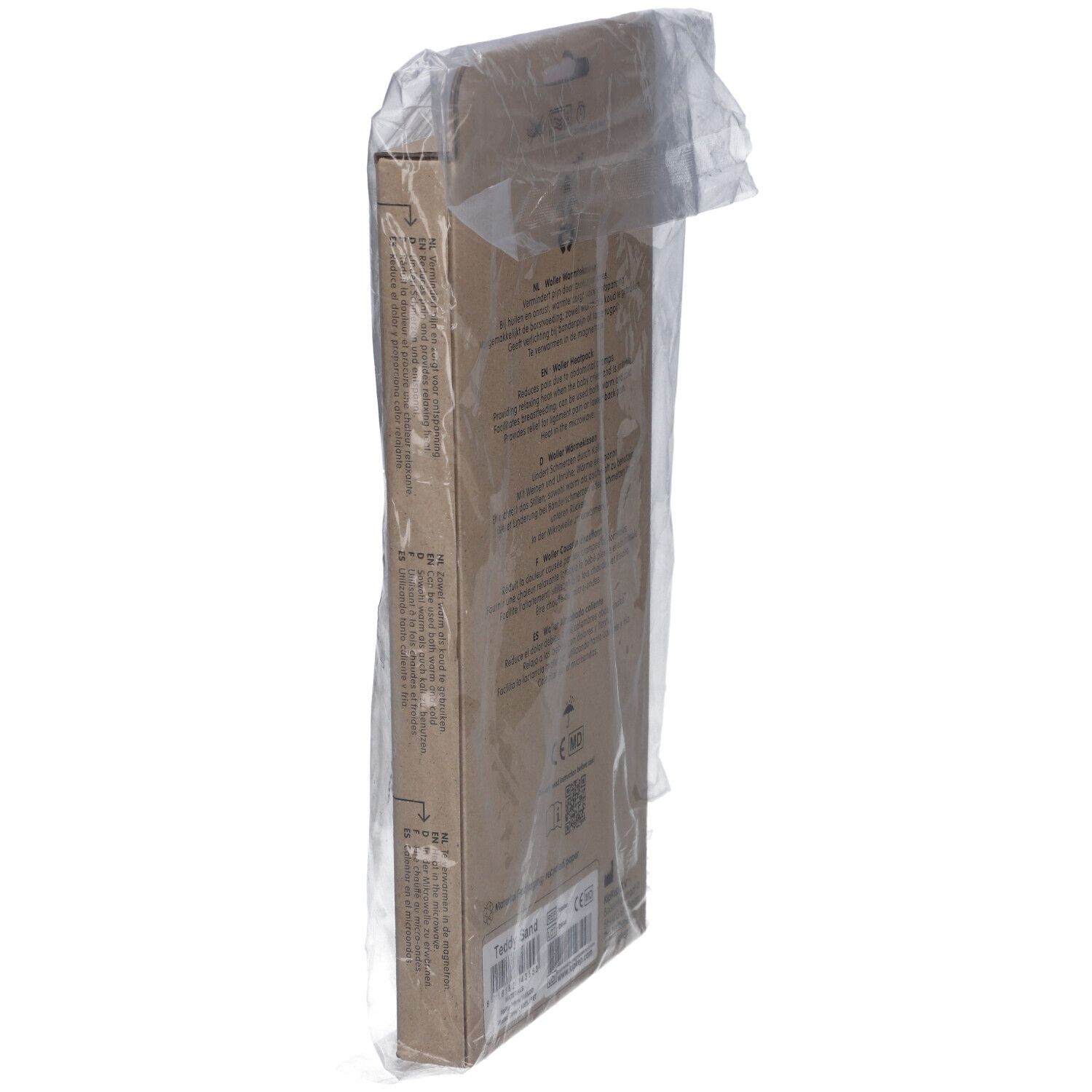 KIPKEP Heizkissen Verpackung. Brauner Karton mit Text und Symbolen. In transparenter Folie.