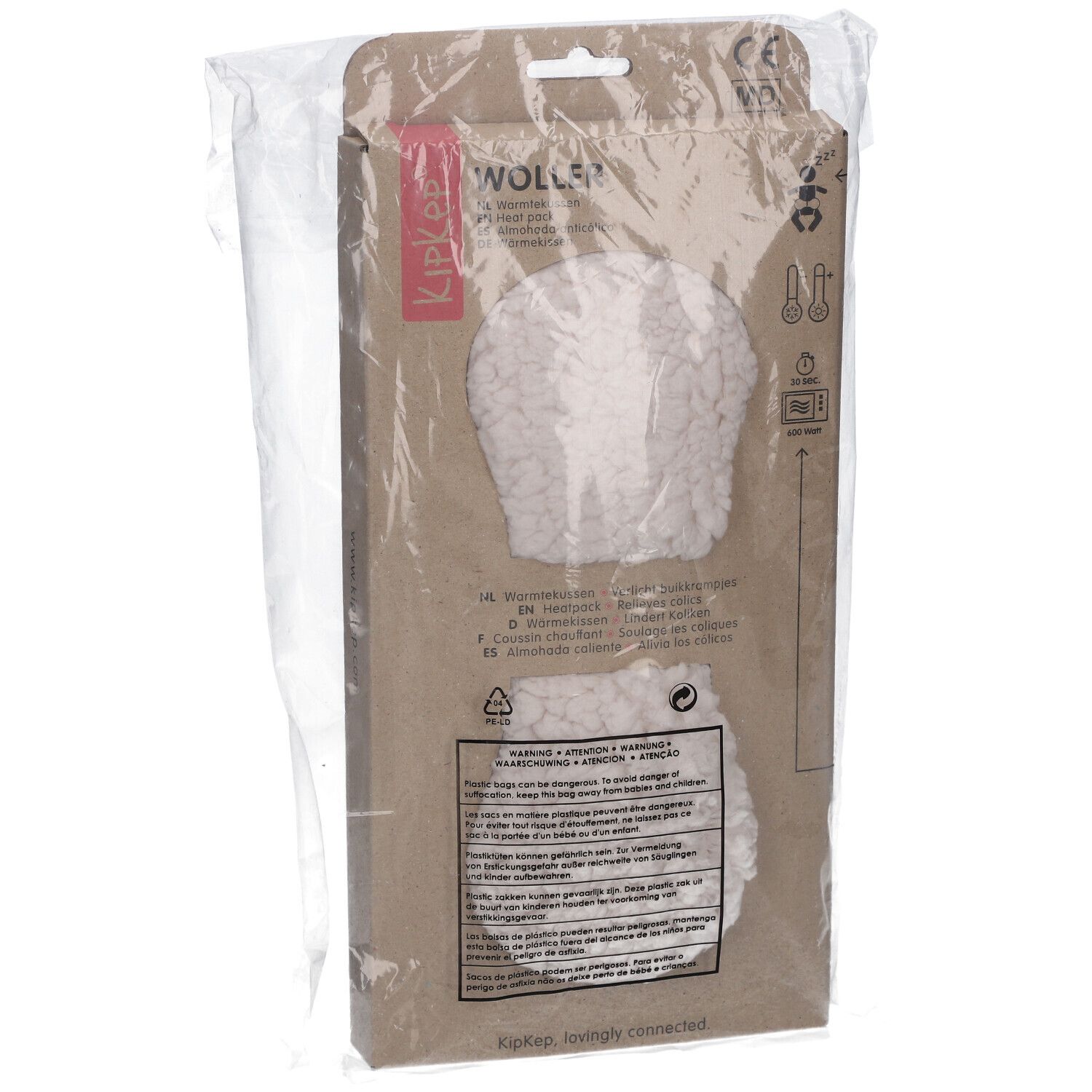 KIPKEP Heizkissen in Verpackung. Braune Kartonverpackung mit Produktabbildung und Text. In transparenter Folie.