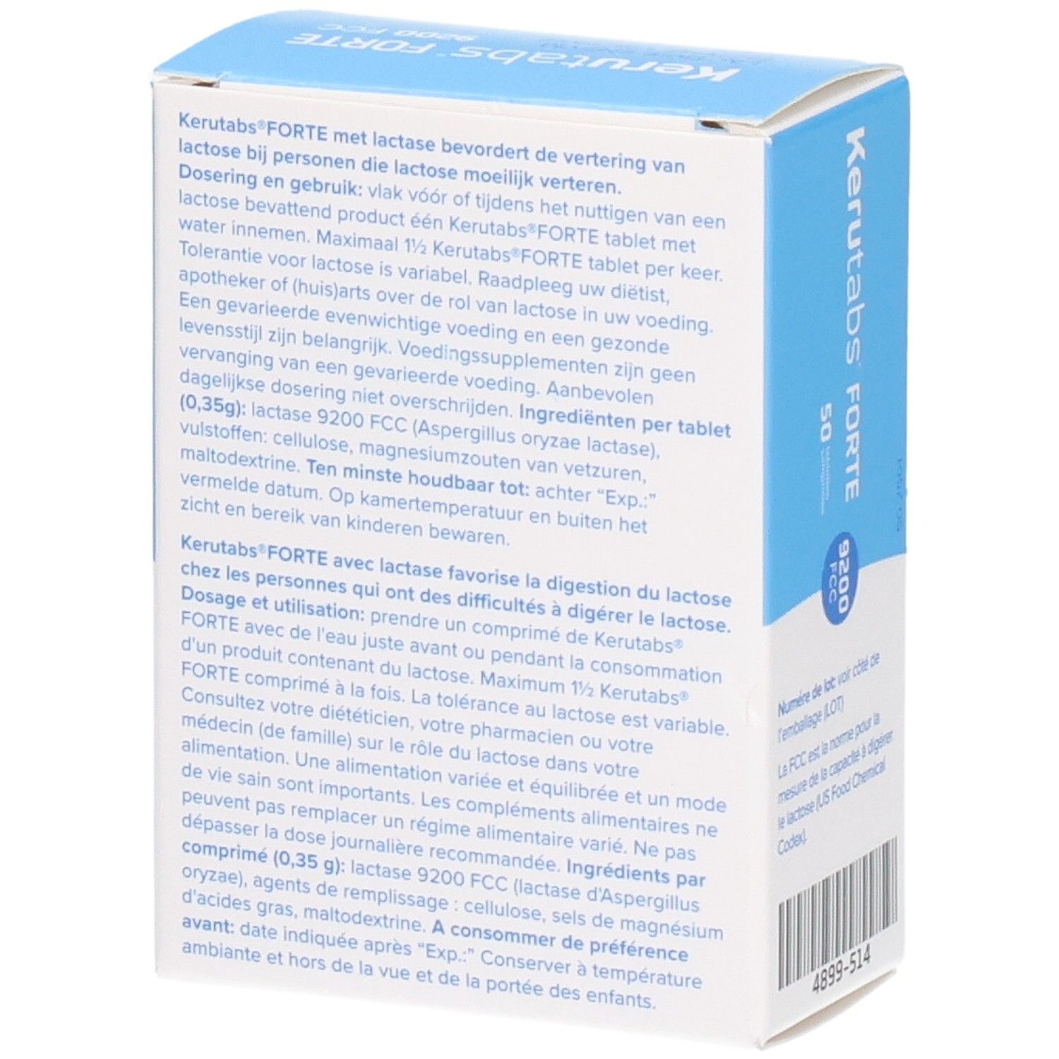 Rückseite der Kerutabs Forte Packung mit 50 Tabletten, Laktase Enzym, Informationen zur Verdauung.