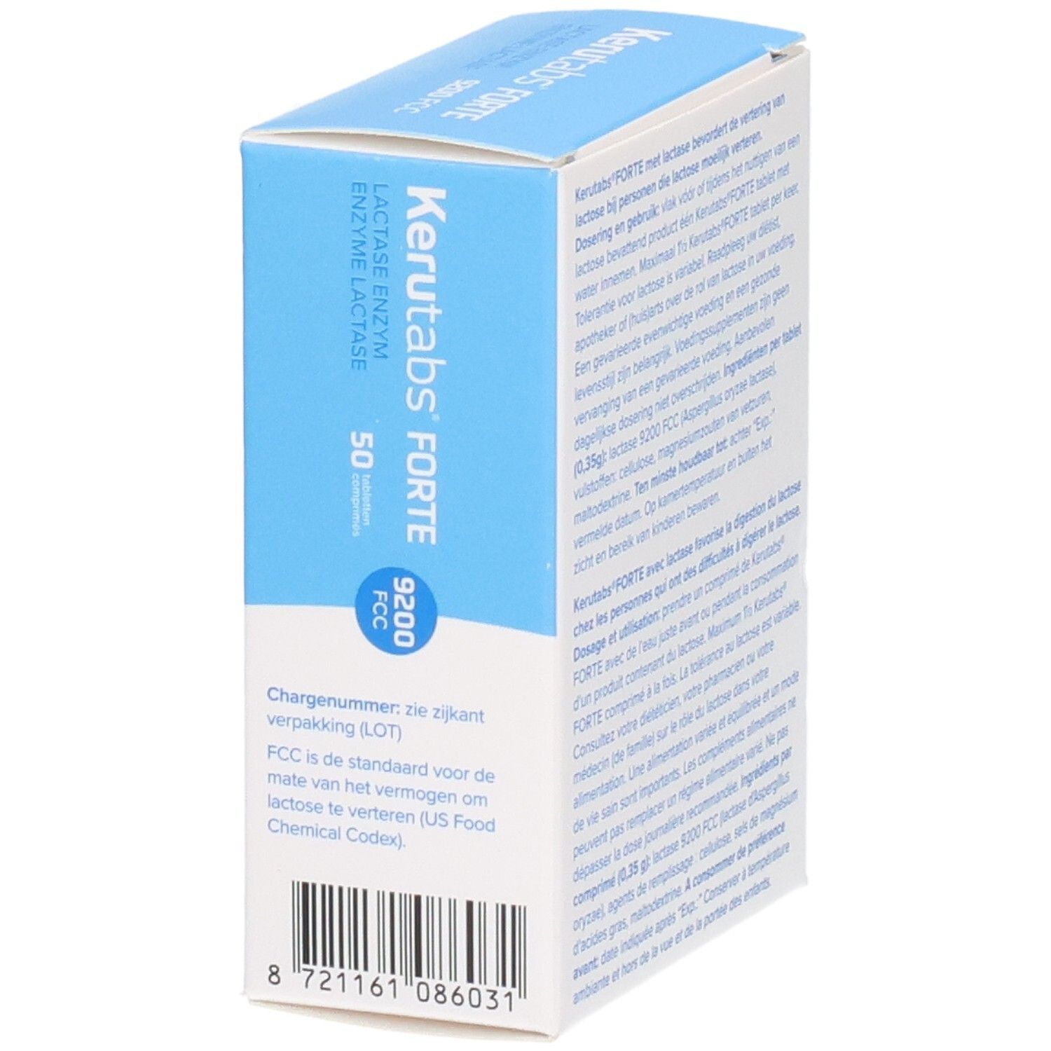 Seite der Kerutabs Forte Packung mit 50 Tabletten, Laktase Enzym, zur Verdauung von Milchzucker.