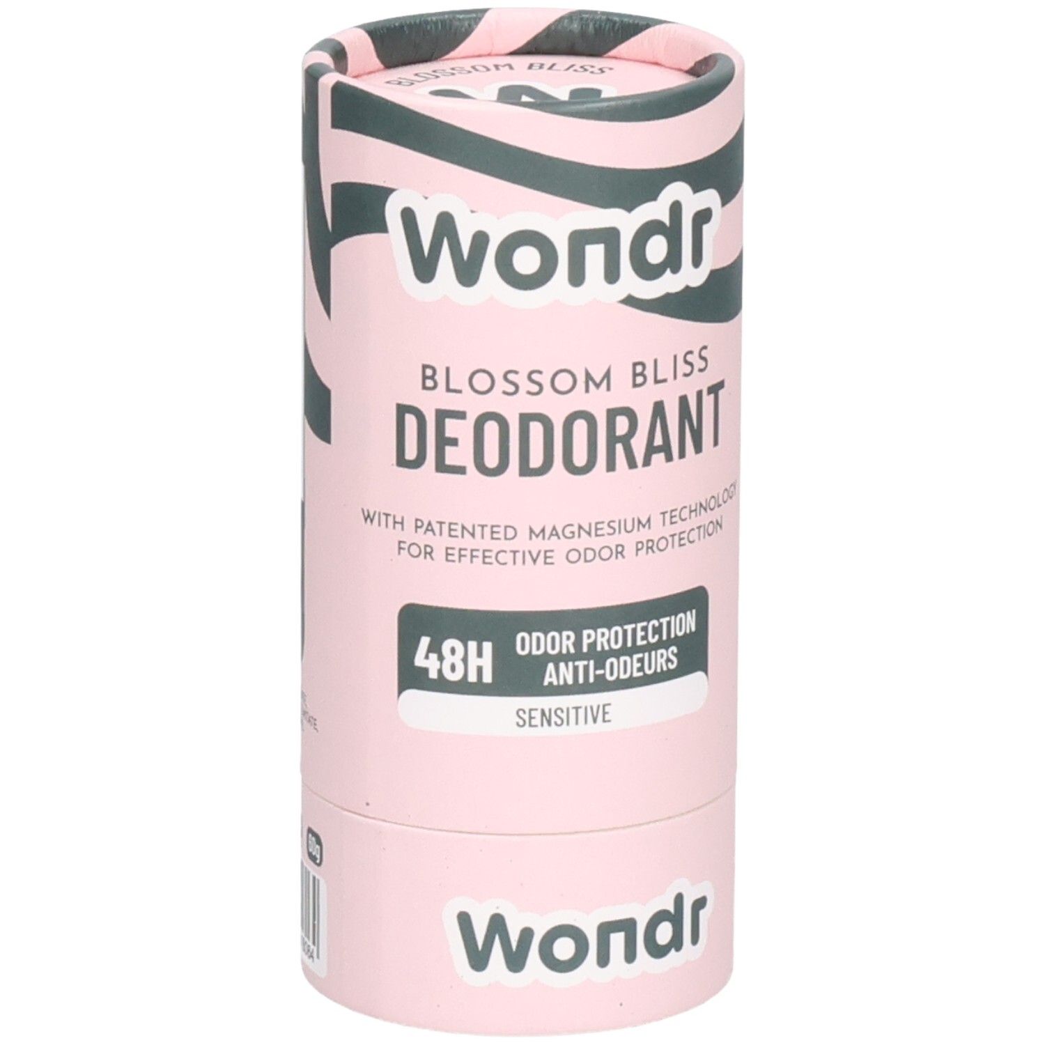 Zylindrische Verpackung. Rosa mit grünem Muster. "Wondr Blossom Bliss Deodorant"-Aufdruck. 48H Geruchsschutz. "Sensitive".