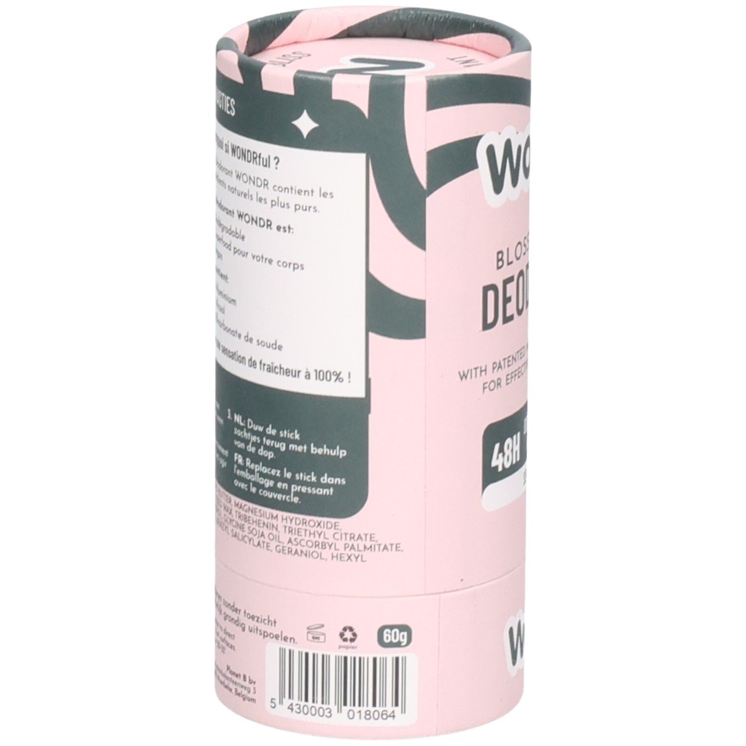 Zylindrische Verpackung. Rosa mit grünem Muster. Text in Niederländisch und Französisch. Inhaltsstoffe und Barcode.