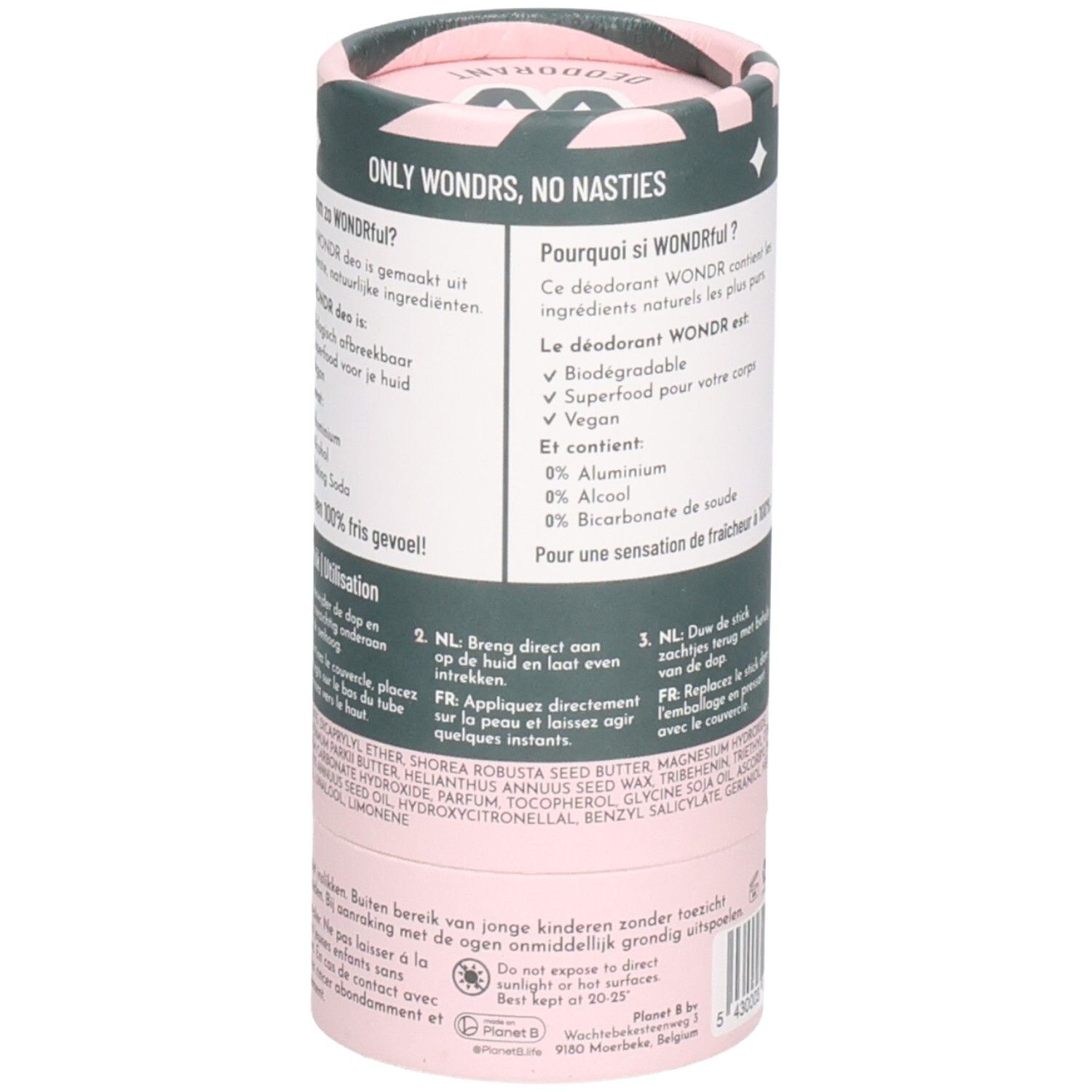 Zylindrische Verpackung. Rosa mit grünem Muster. Text in Niederländisch und Französisch. Inhaltsstoffe und Hinweise.