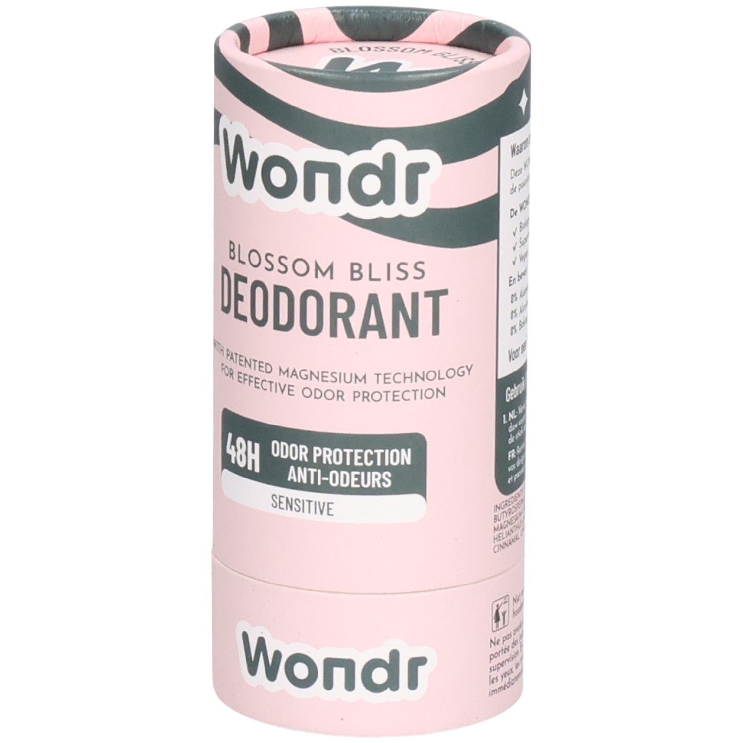 Zylindrische Verpackung. Rosa mit grünem Muster. "Wondr Blossom Bliss Deodorant"-Aufdruck. 48H Geruchsschutz. "Sensitive".