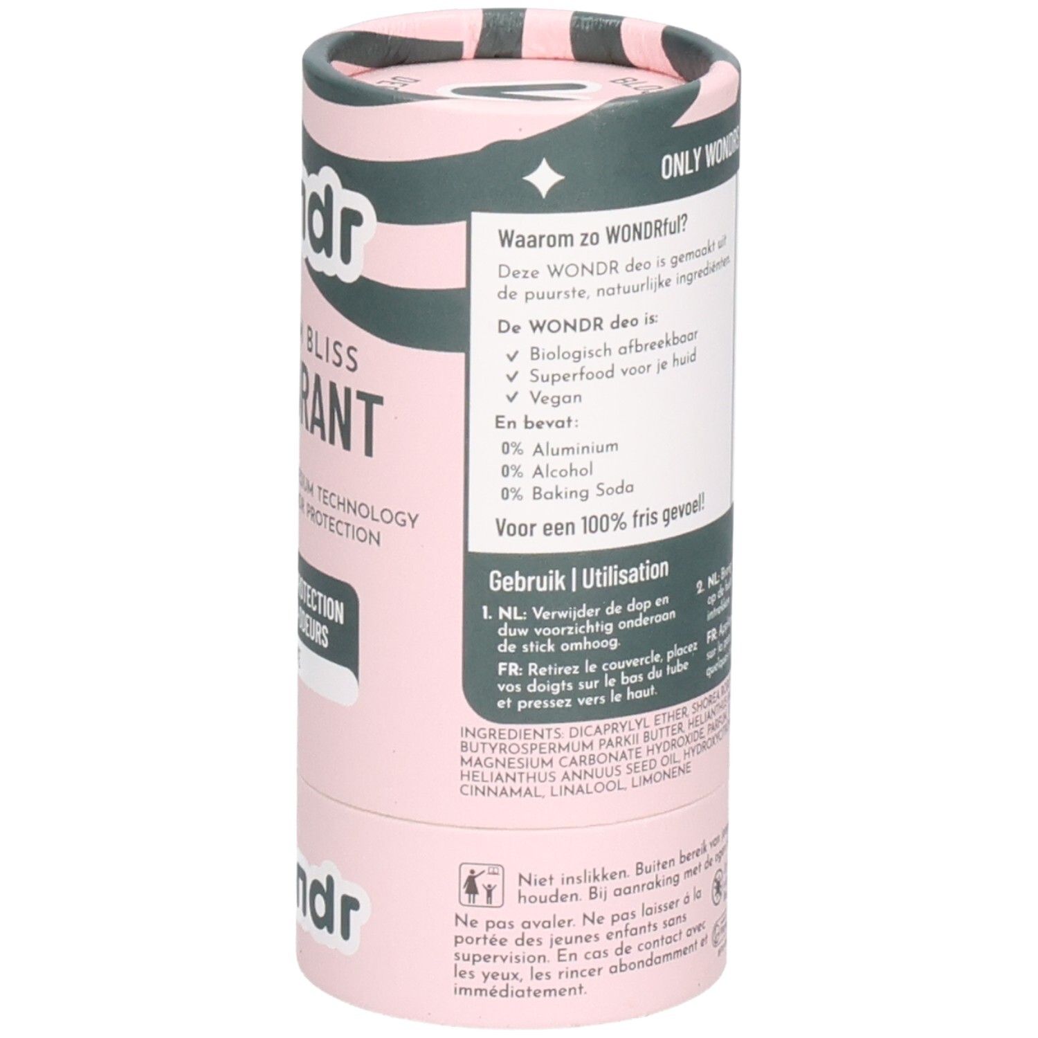 Zylindrische Verpackung. Rosa mit grünem Muster. Text in Niederländisch und Französisch. Inhaltsstoffe und Hinweise.