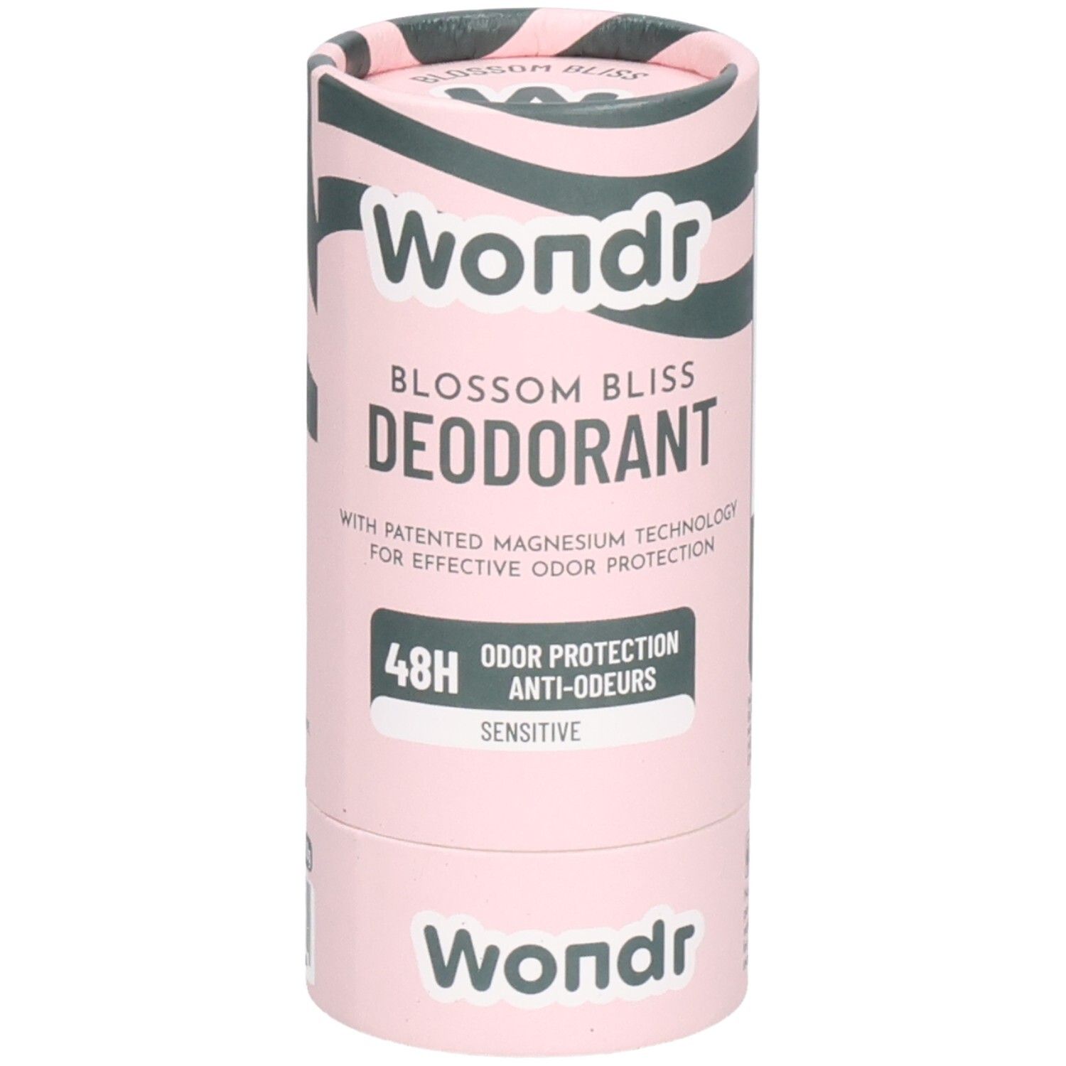 Zylindrische Verpackung. Rosa mit grünem Muster. "Wondr Blossom Bliss Deodorant"-Aufdruck. 48H Geruchsschutz. "Sensitive".