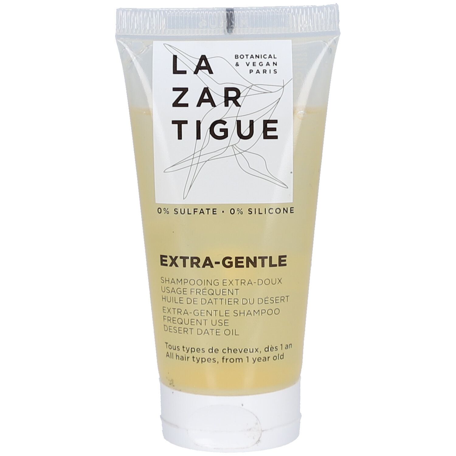 Transparentes Shampoo-Tuben mit gelblicher Flüssigkeit. Aufschrift: Lazartigue, Extra-Gentle, 0% Sulfate, 0% Silicone.