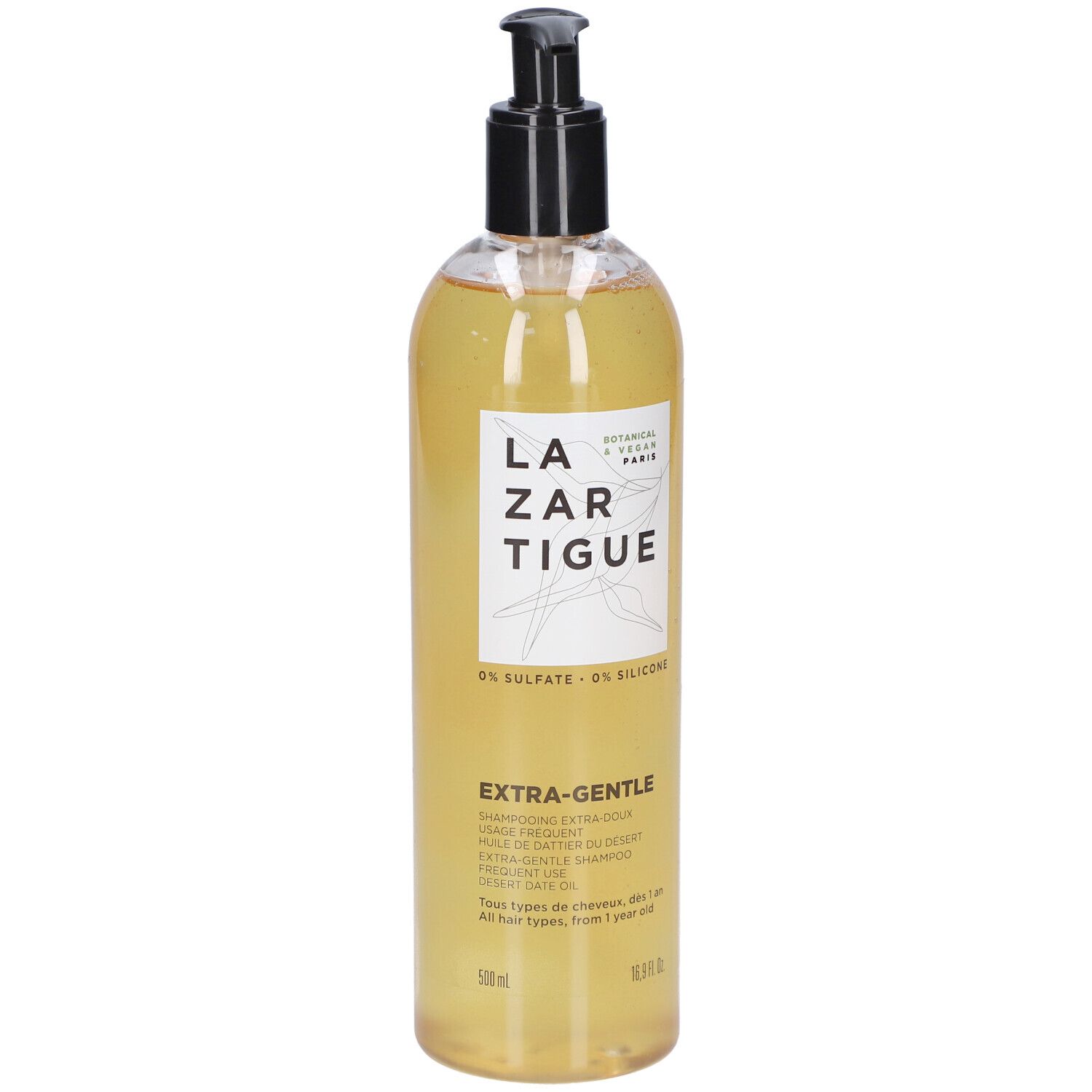 Transparente Flasche mit schwarzem Pumpkopf. Aufkleber mit Schriftzug LAZARTIGUE und EXTRA-GENTLE. 500 ml.