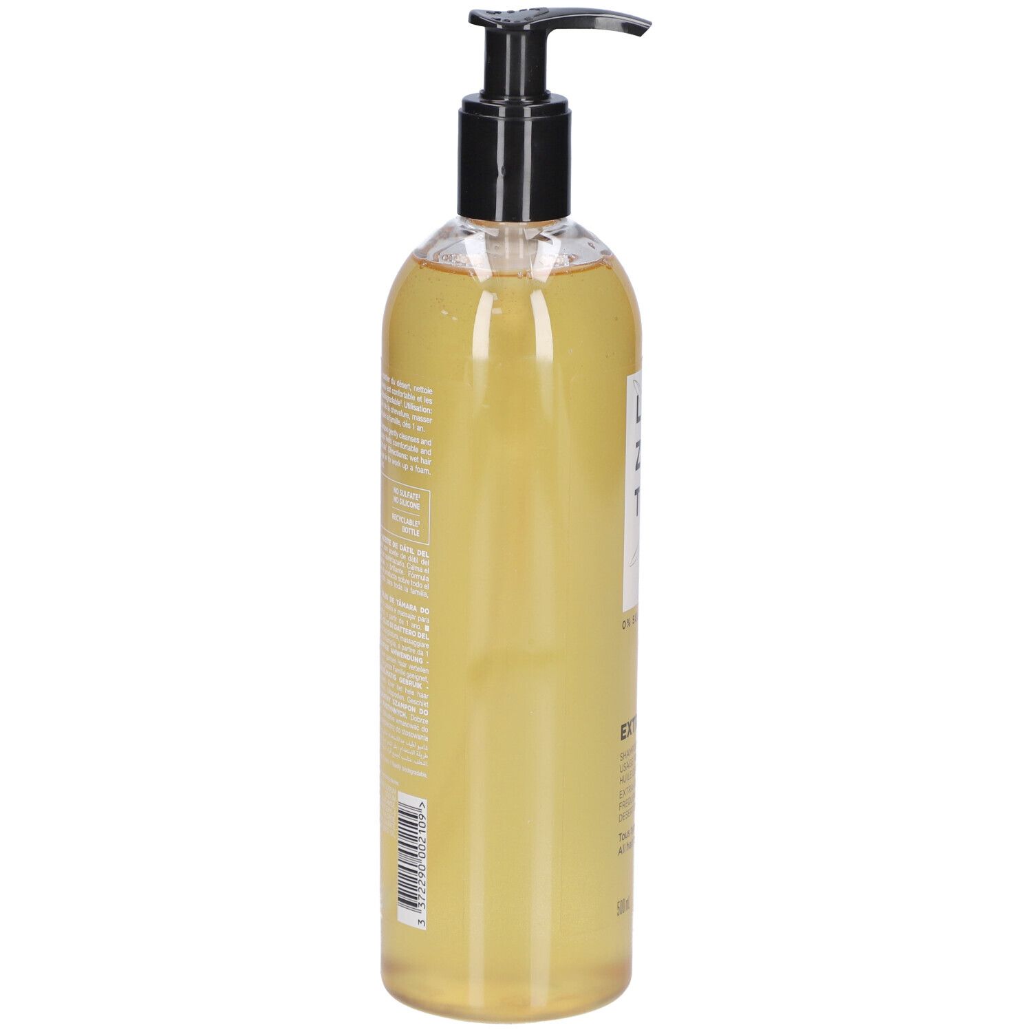 Transparente Flasche mit schwarzem Pumpkopf. Rückseite mit Text. 500 ml.