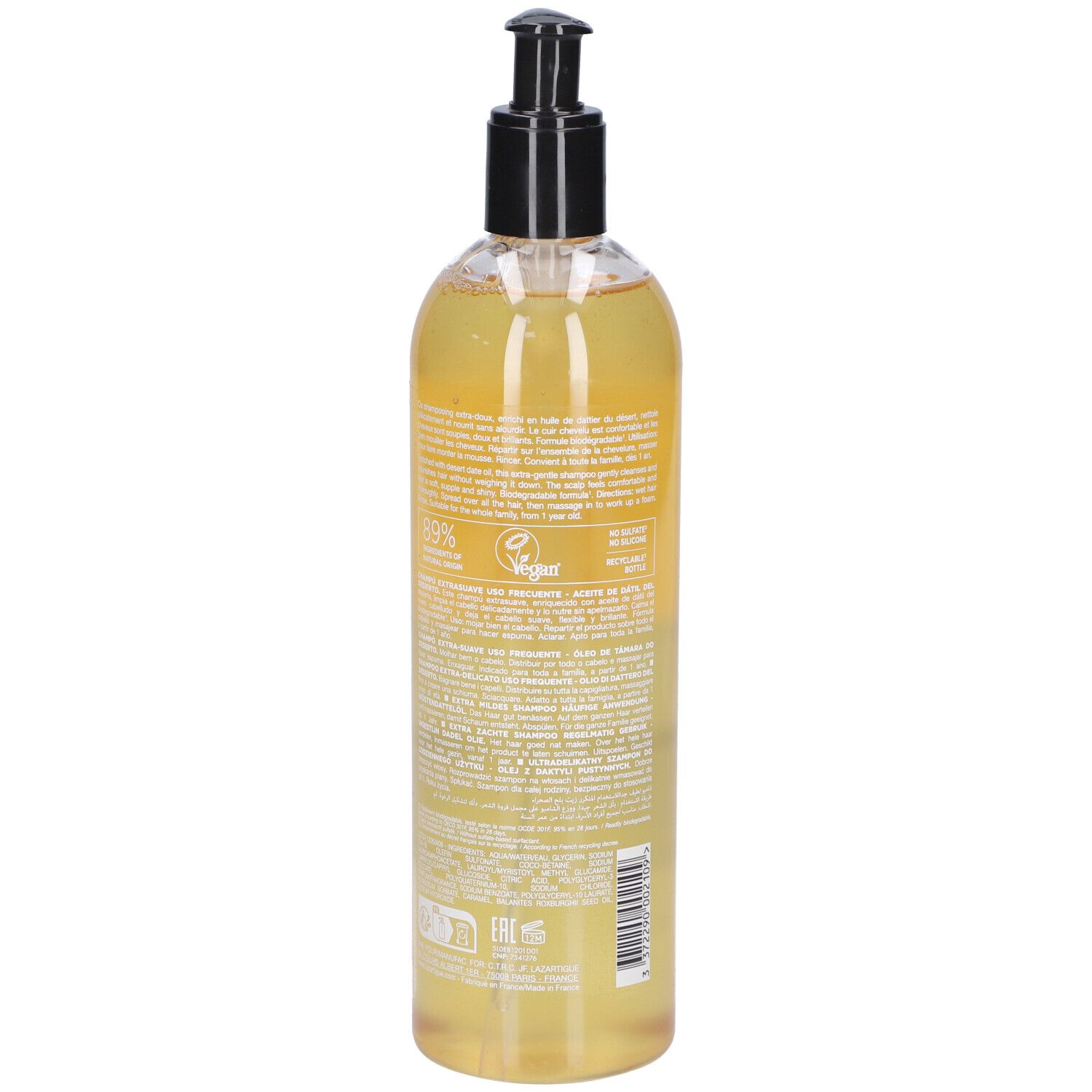 Transparente Flasche mit schwarzem Pumpkopf. Rückseite mit Text und Vegan-Logo. 500 ml.
