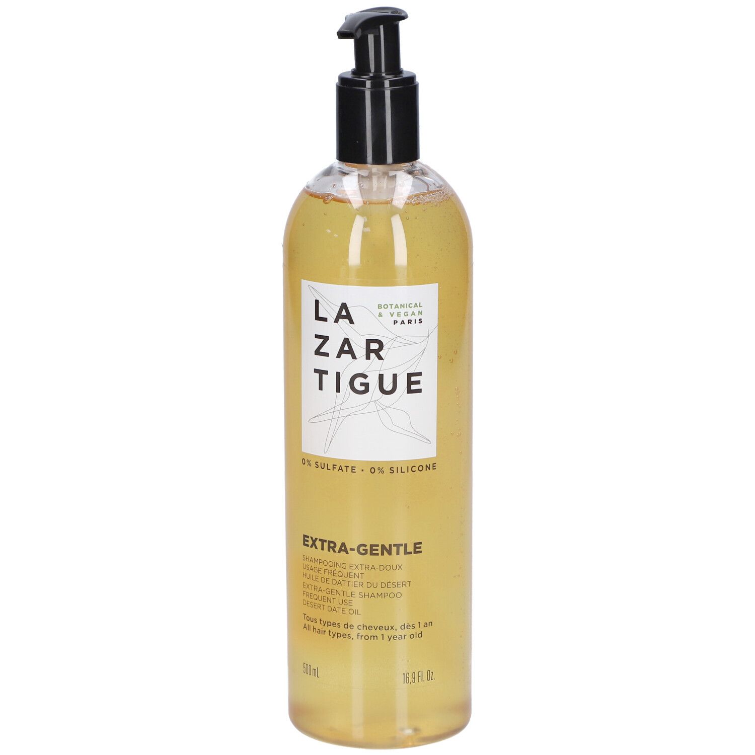 Transparente Flasche mit schwarzem Pumpkopf. Aufkleber mit Schriftzug LAZARTIGUE und EXTRA-GENTLE. 500 ml.
