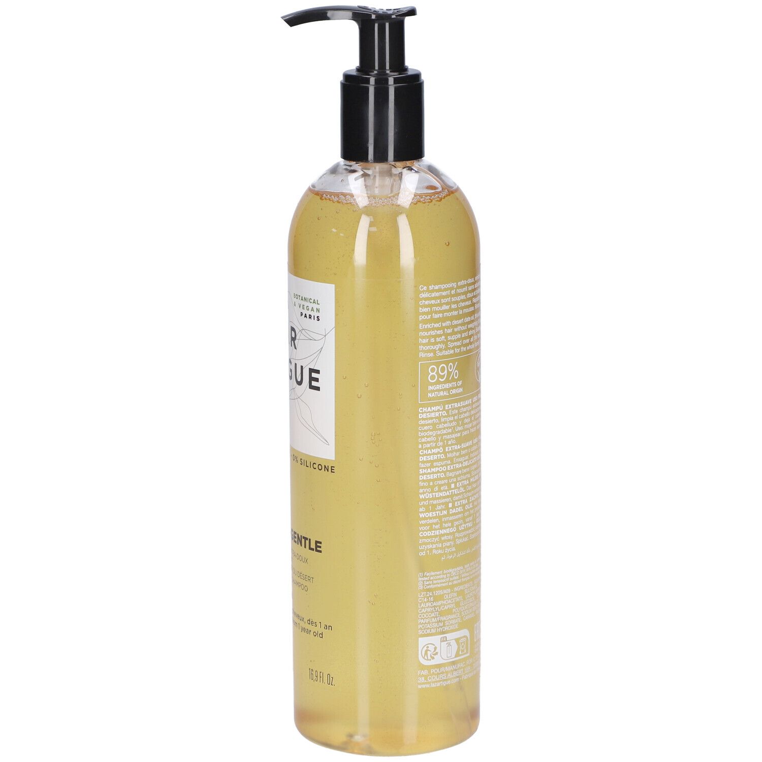 Transparente Flasche mit schwarzem Pumpkopf. Aufkleber mit Schriftzug LAZARTIGUE und EXTRA-GENTLE. 500 ml.