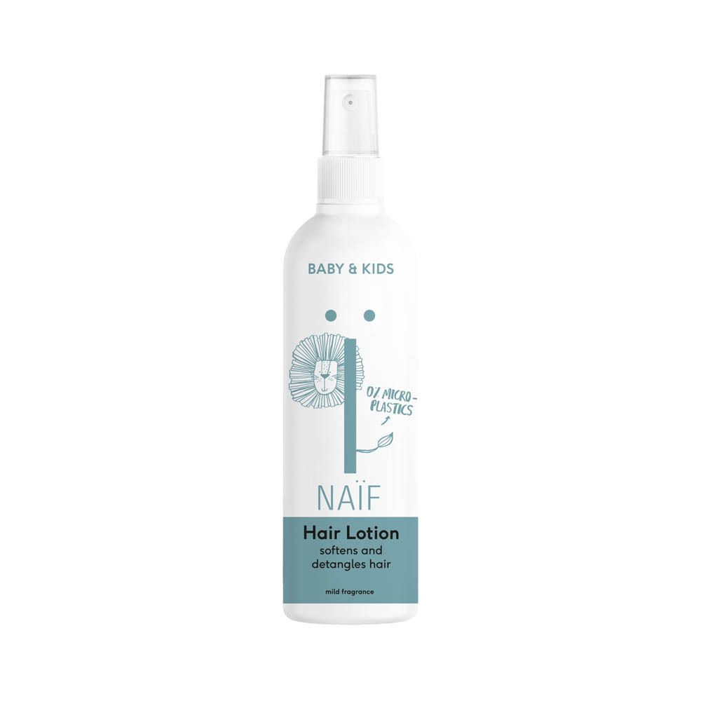 Flacon blanc avec vaporisateur. Inscription : Naïf, Hair Lotion. Contient 0% microplastiques. Pour bébés et enfants.