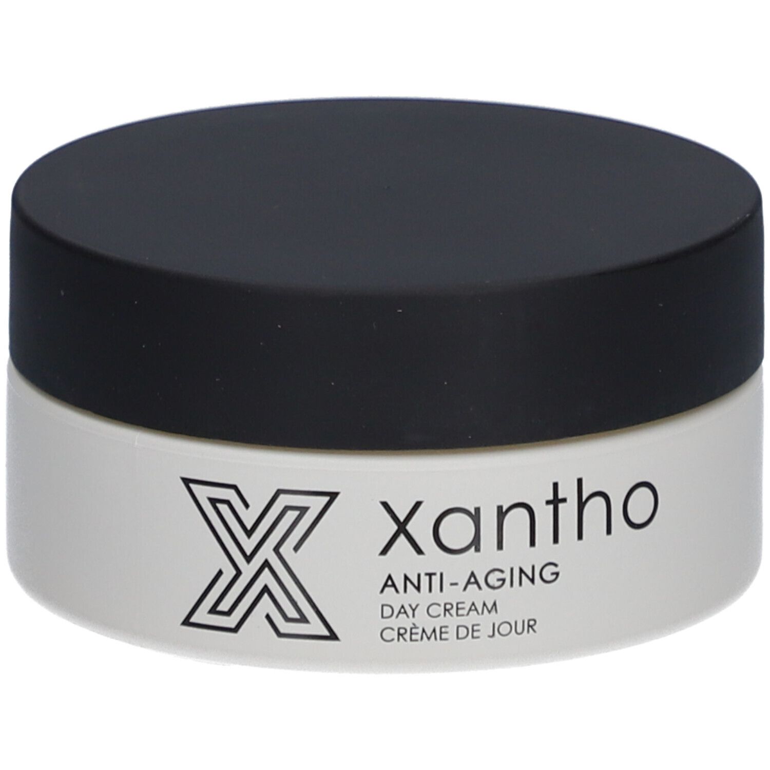 Cremebehälter mit schwarzem Deckel. Aufschrift: Xantho, Anti-Aging, Day Cream, Crème de jour.