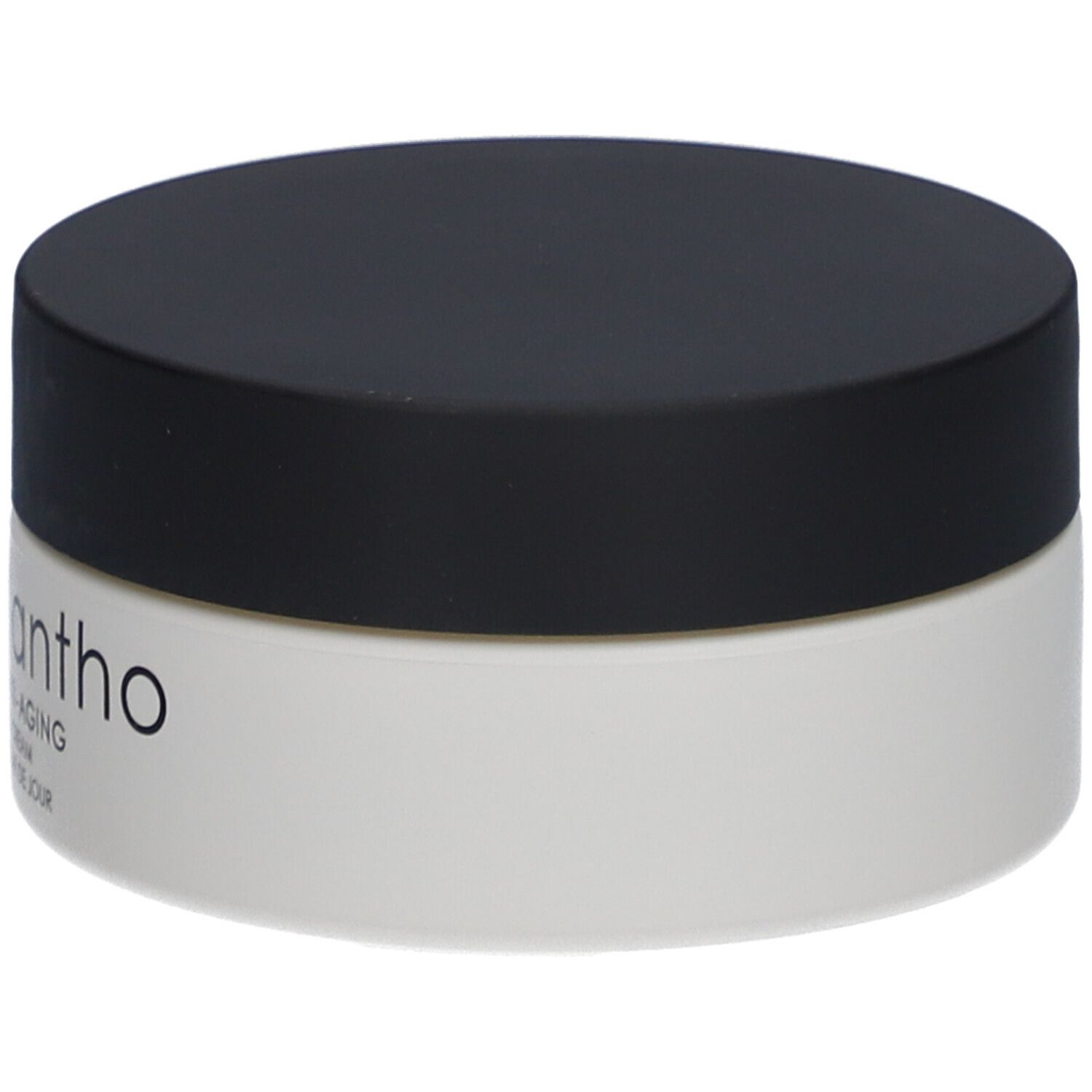 Cremebehälter mit schwarzem Deckel. Aufschrift: Xantho, Anti-Aging, Day Cream, Crème de jour.