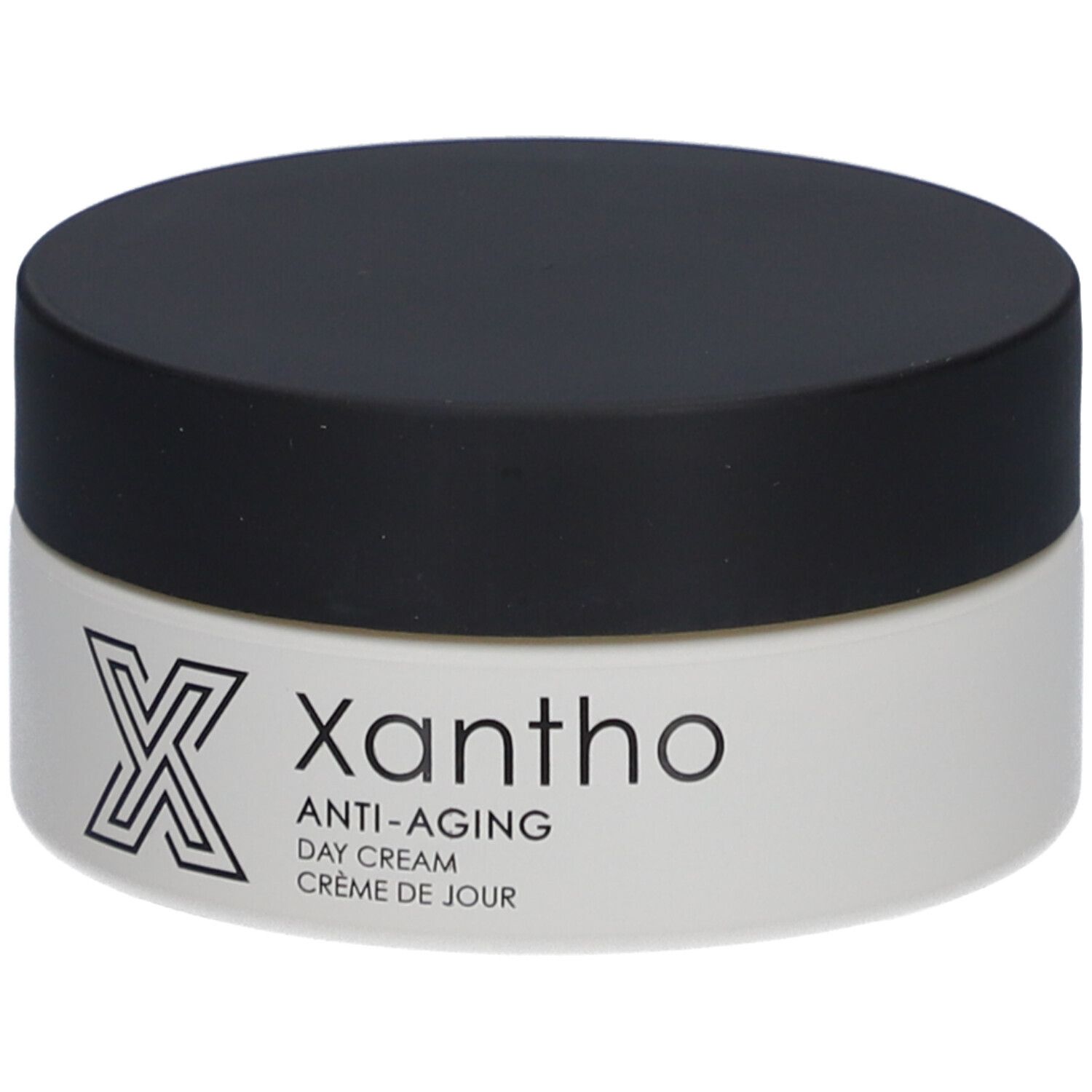 Cremebehälter mit schwarzem Deckel. Aufschrift: Xantho, Anti-Aging, Day Cream, Crème de jour.