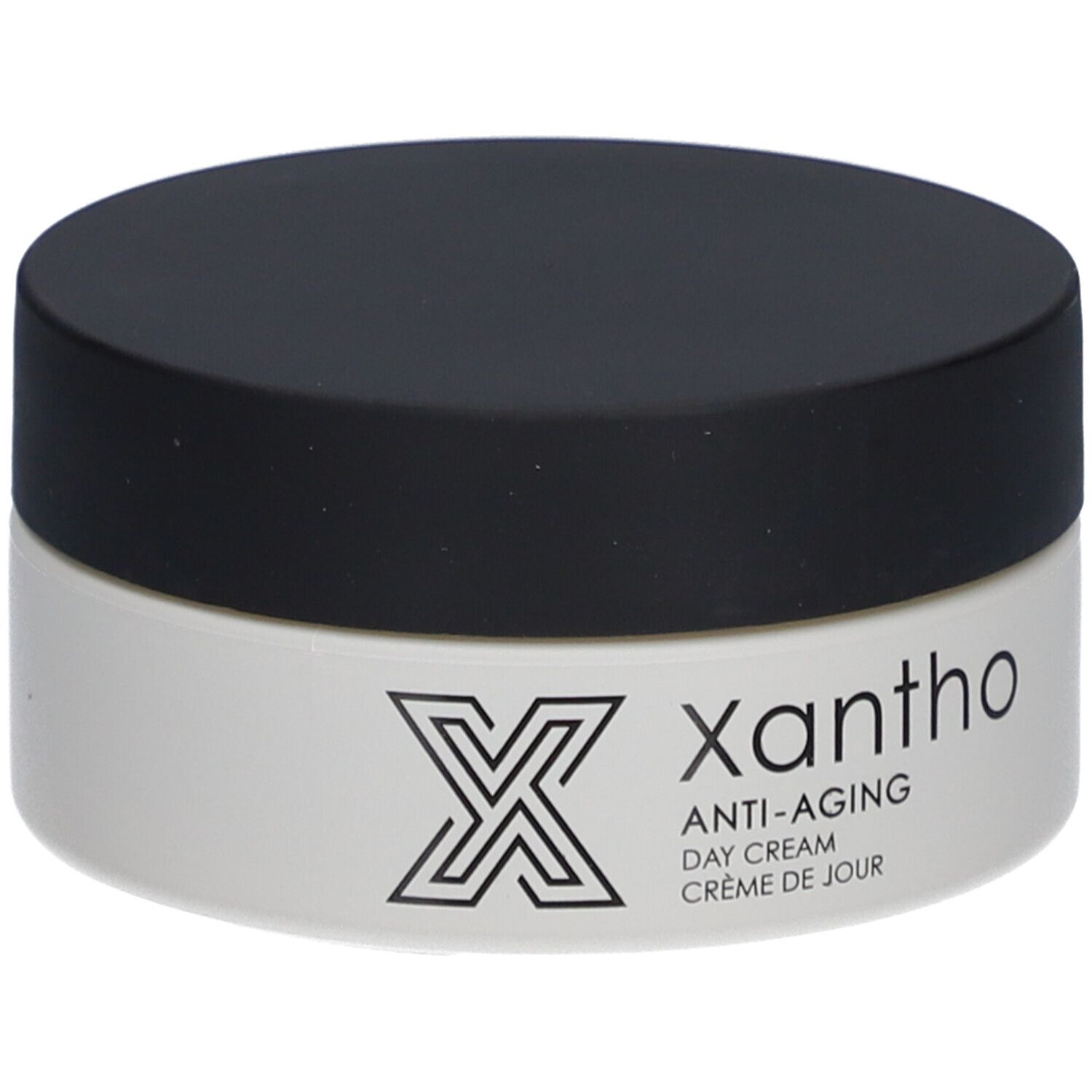 Cremebehälter mit schwarzem Deckel. Aufschrift: Xantho, Anti-Aging, Day Cream, Crème de jour.