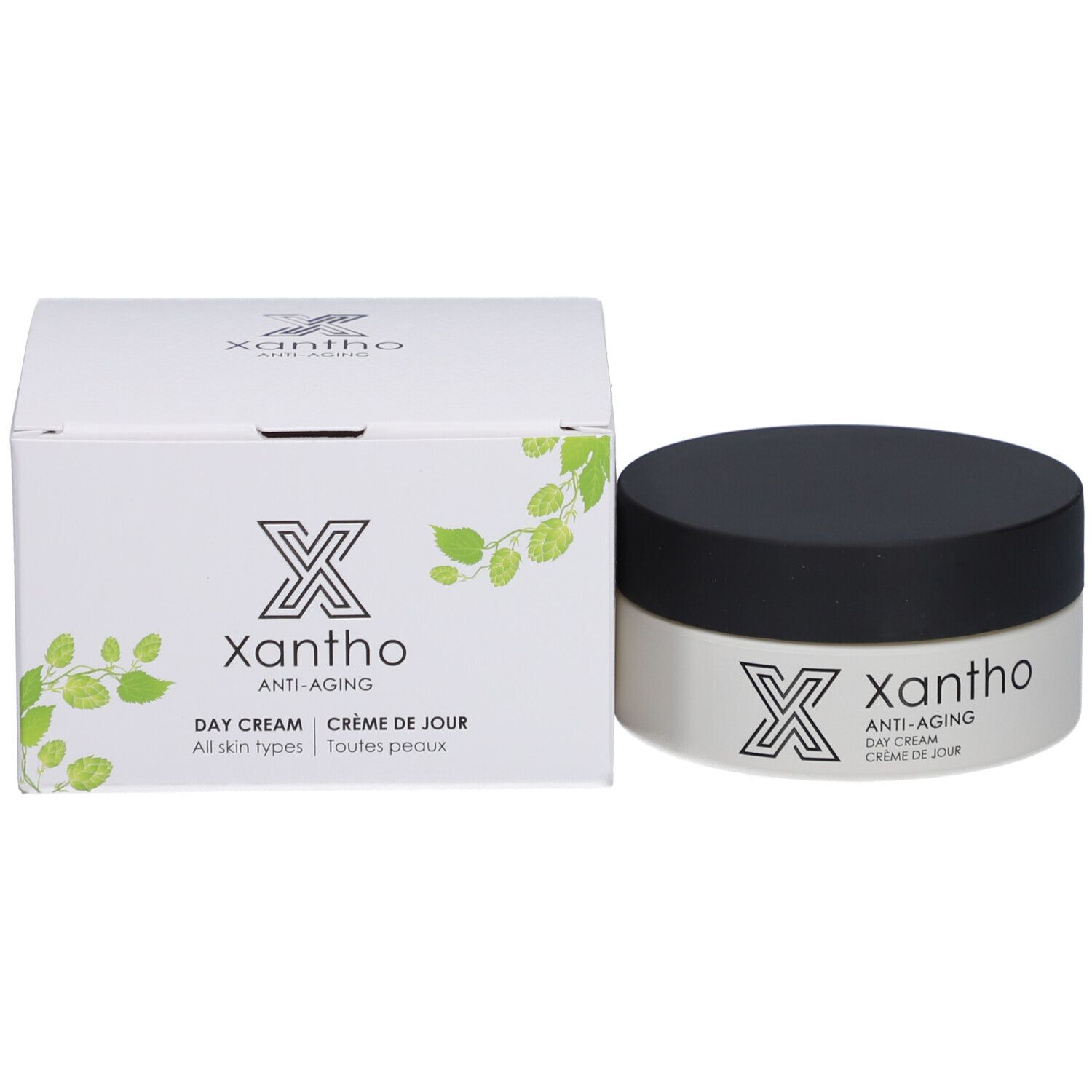 Cremebehälter und Verpackung. Aufschrift: Xantho, Anti-Aging, Day Cream, Crème de jour, All skin types.