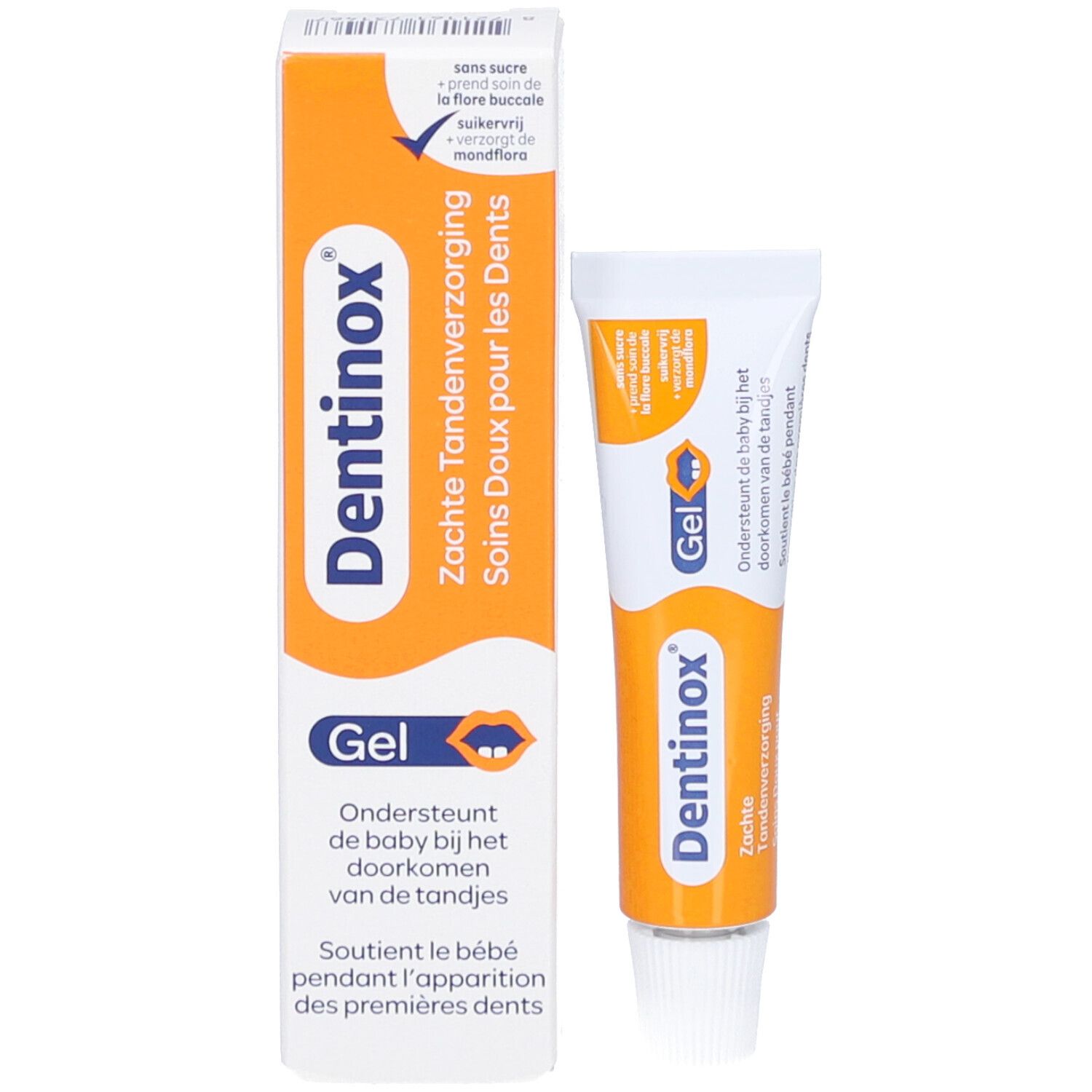 Emballage et tube. Emballage: blanc-orange. Tube: blanc-orange. Inscription: Dentinox Gel.