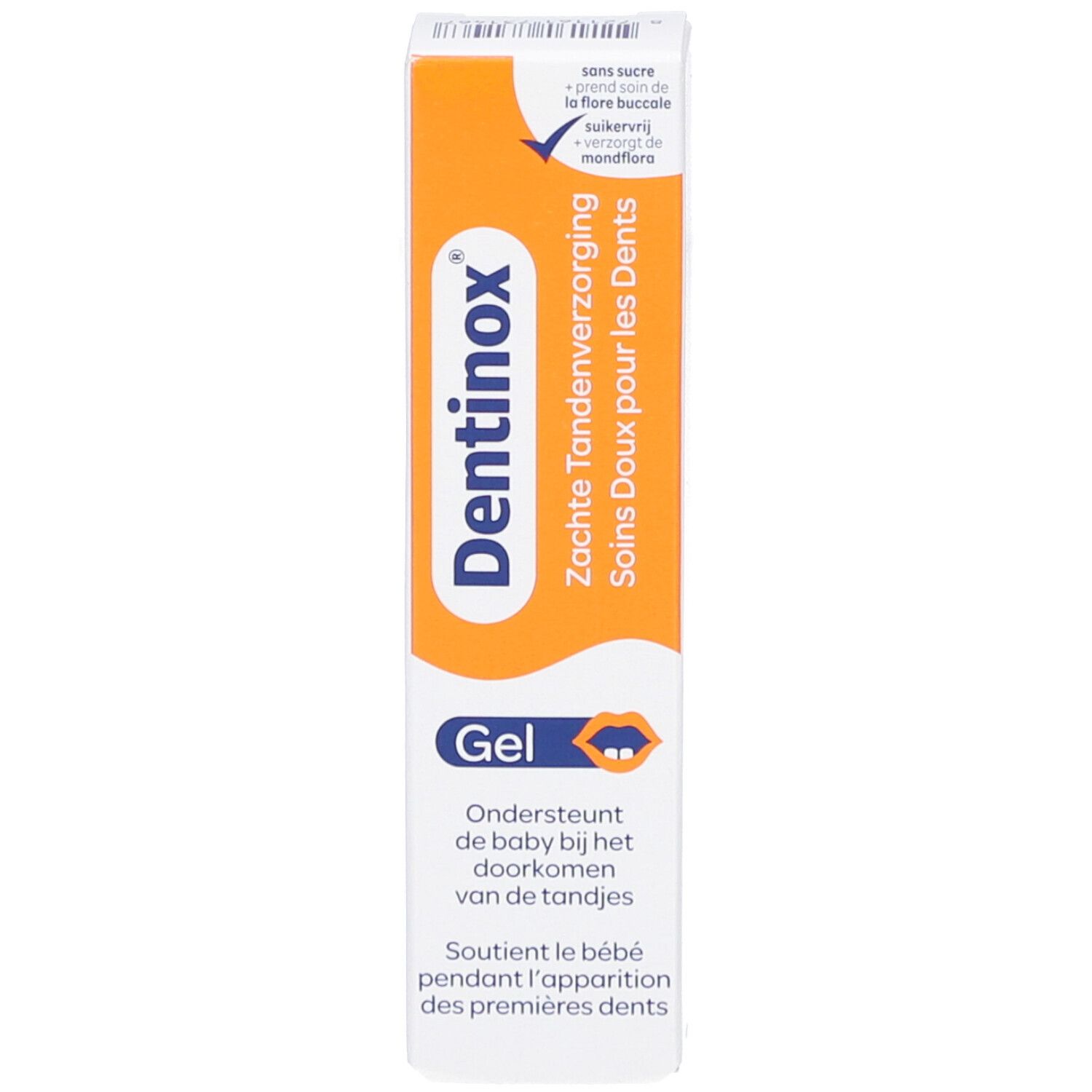 Emballage du produit, blanc et orange. Inscription: Dentinox, Zachte Tandenverzorging, Soins Doux pour les Dents.