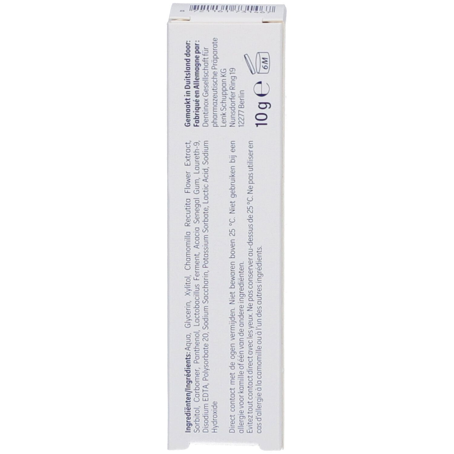 Emballage du produit, vue latérale. Texte en allemand et néerlandais. Inscription: 10 g.