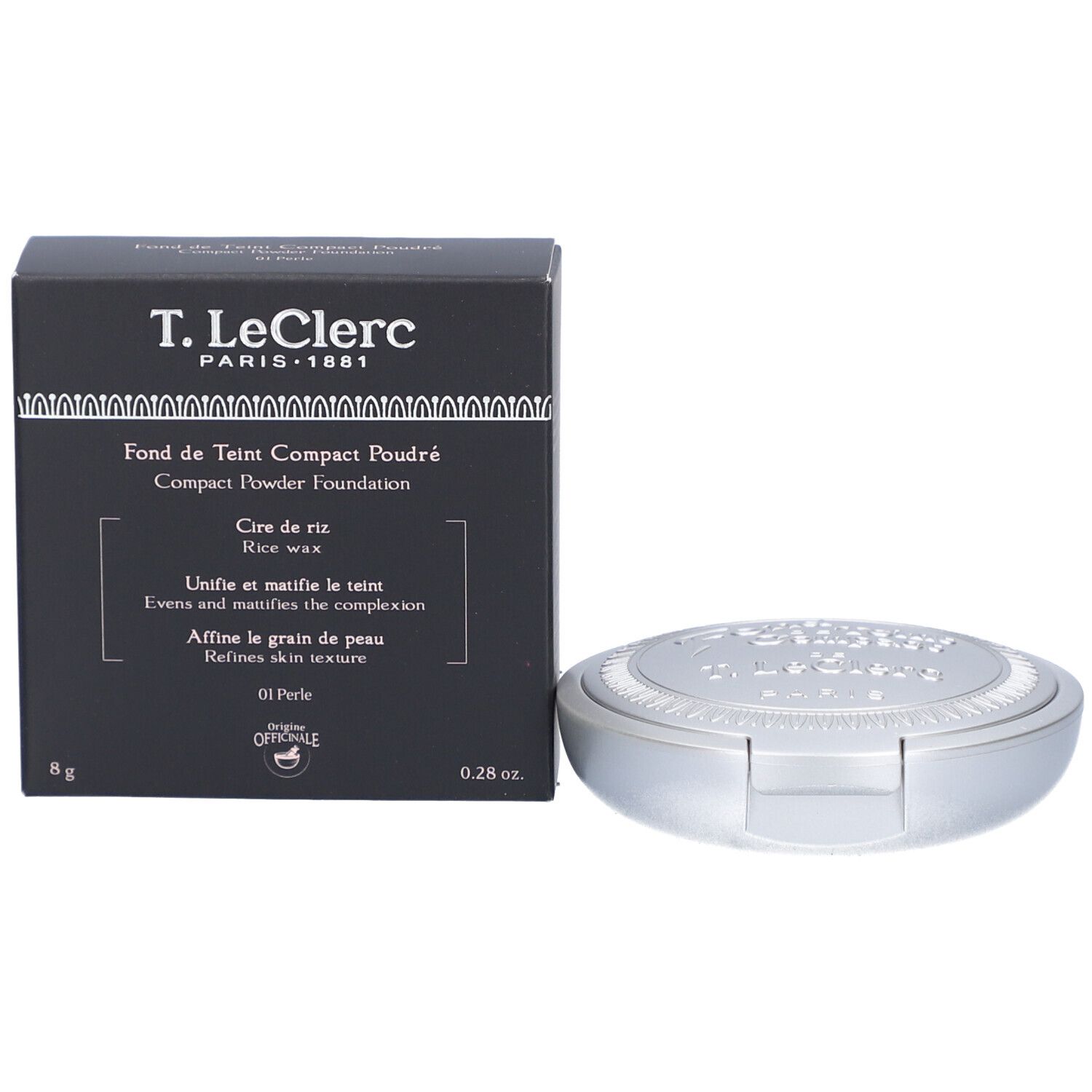 Kompaktpuder-Foundation und Schachtel. Silberfarbener Behälter, schwarze Schachtel mit Text.