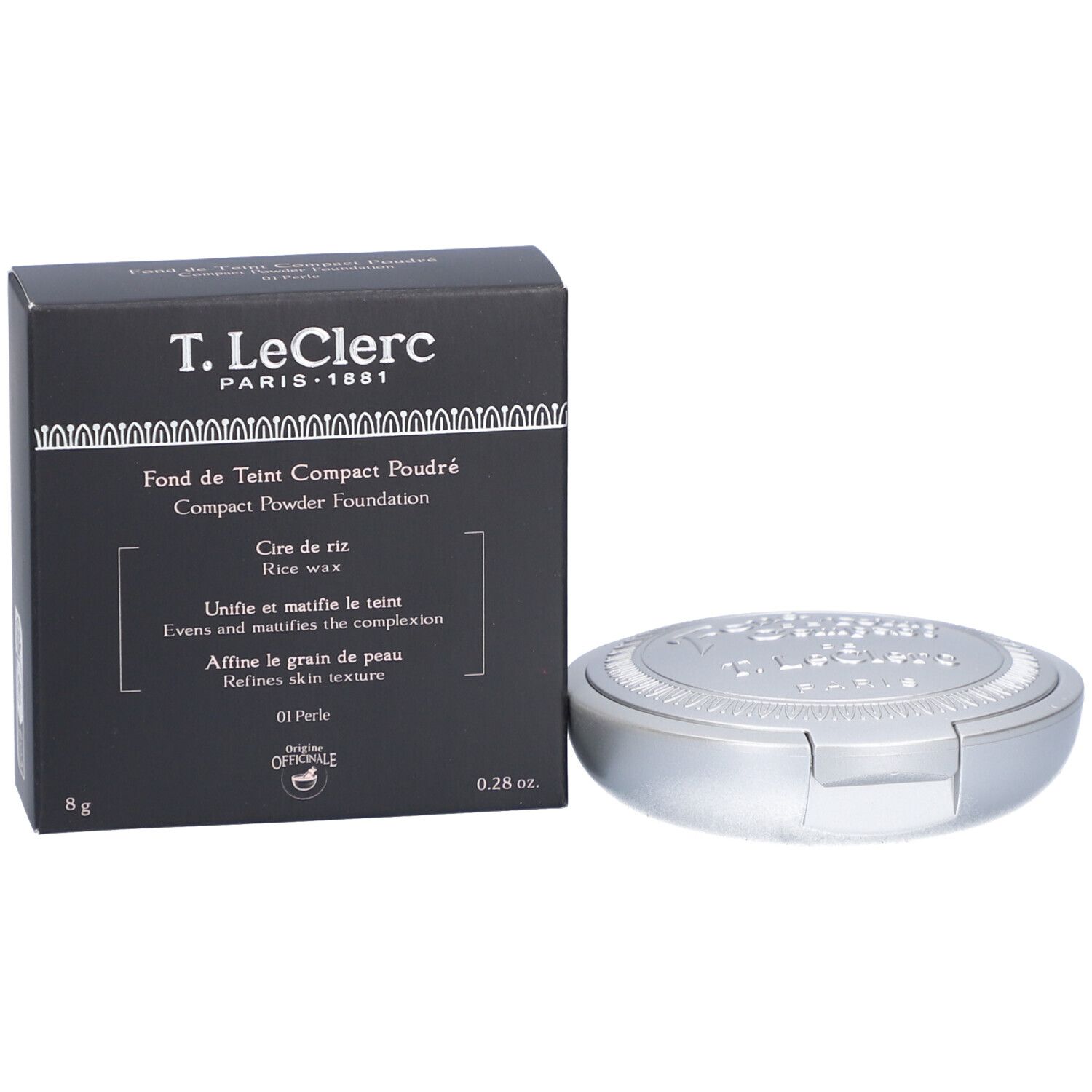 Kompaktpuder-Foundation und Schachtel. Schwarze Schachtel, silberfarbener Behälter.