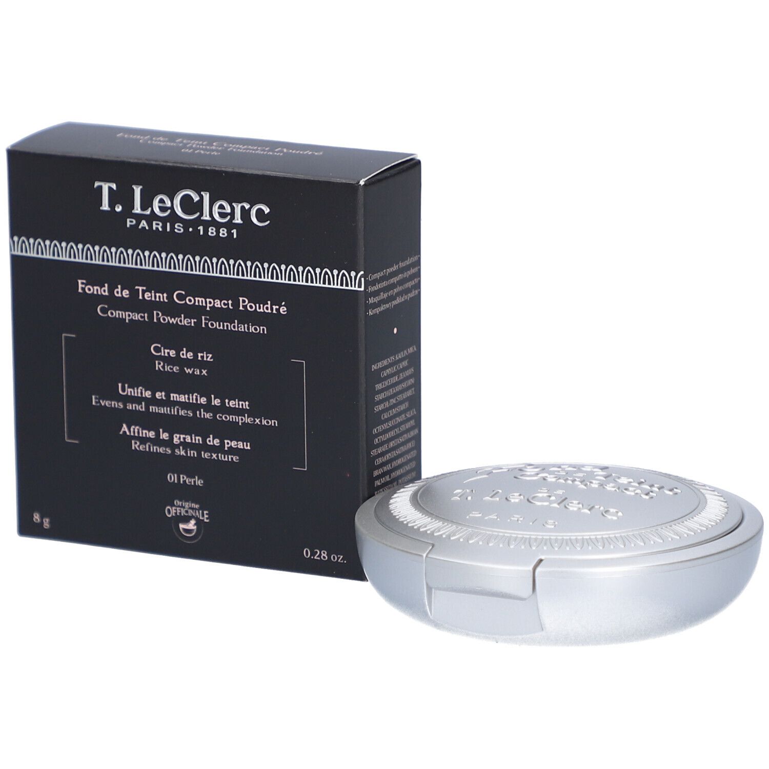 Kompaktpuder-Foundation und Schachtel. Schwarze Schachtel, silberfarbener Behälter.