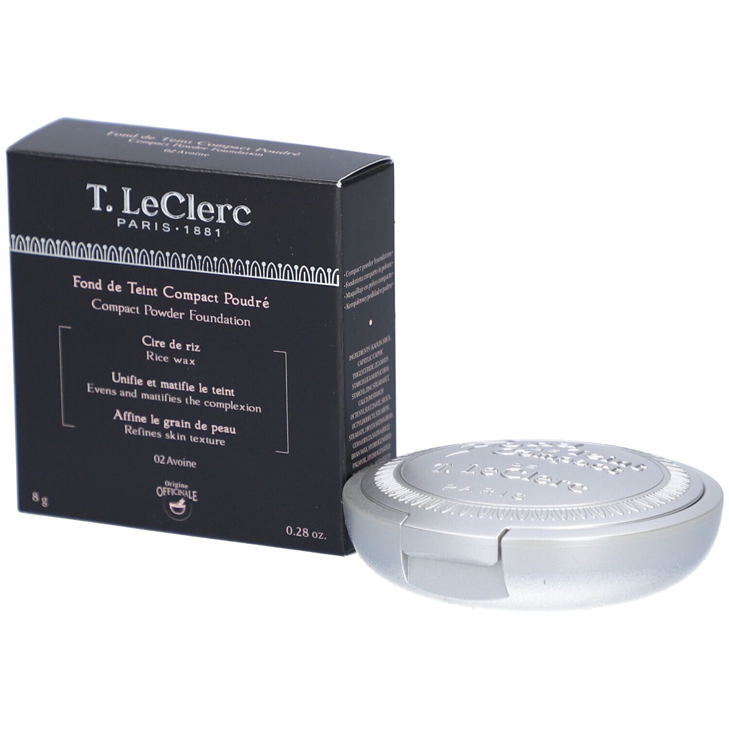 Kompaktpuder-Foundation mit Verpackung. Schwarze Schachtel mit Produktinformationen und silberfarbenes Puderdöschen.