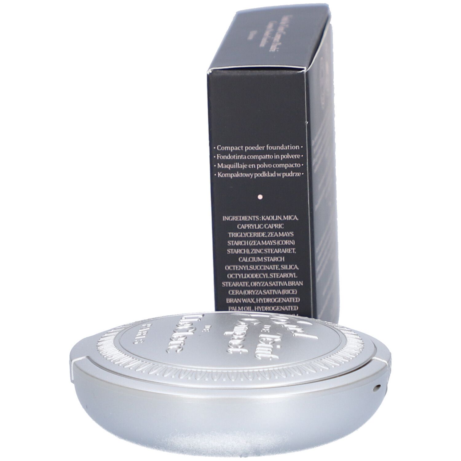 Kompaktpuder-Foundation mit Verpackung. Schwarze Schachtel mit Produktinformationen und silberfarbenes Puderdöschen.