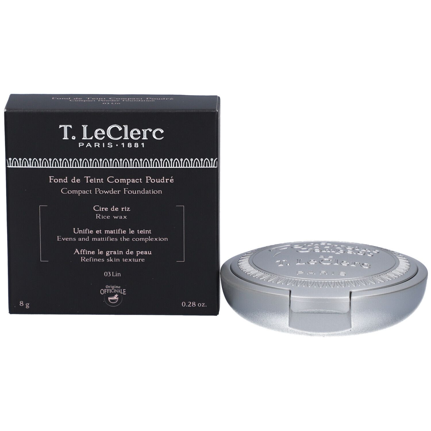 Kompaktpuder-Foundation und Schachtel. Schwarze Schachtel mit Produktinformationen und silberfarbenes Puder-Compact.