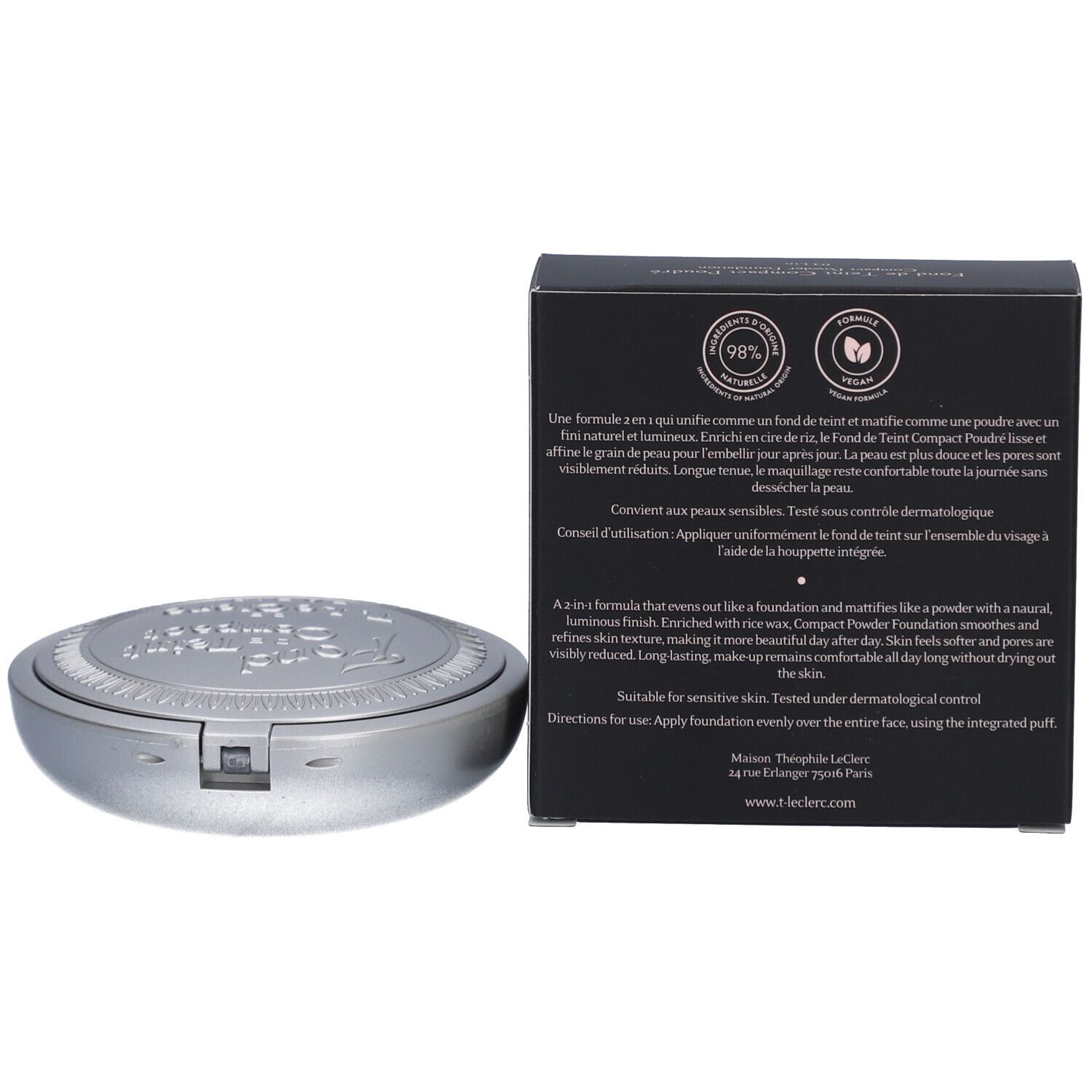 Kompaktpuder-Foundation und Schachtel. Schwarze Schachtel mit Produktinformationen und silberfarbenes Puder-Compact.