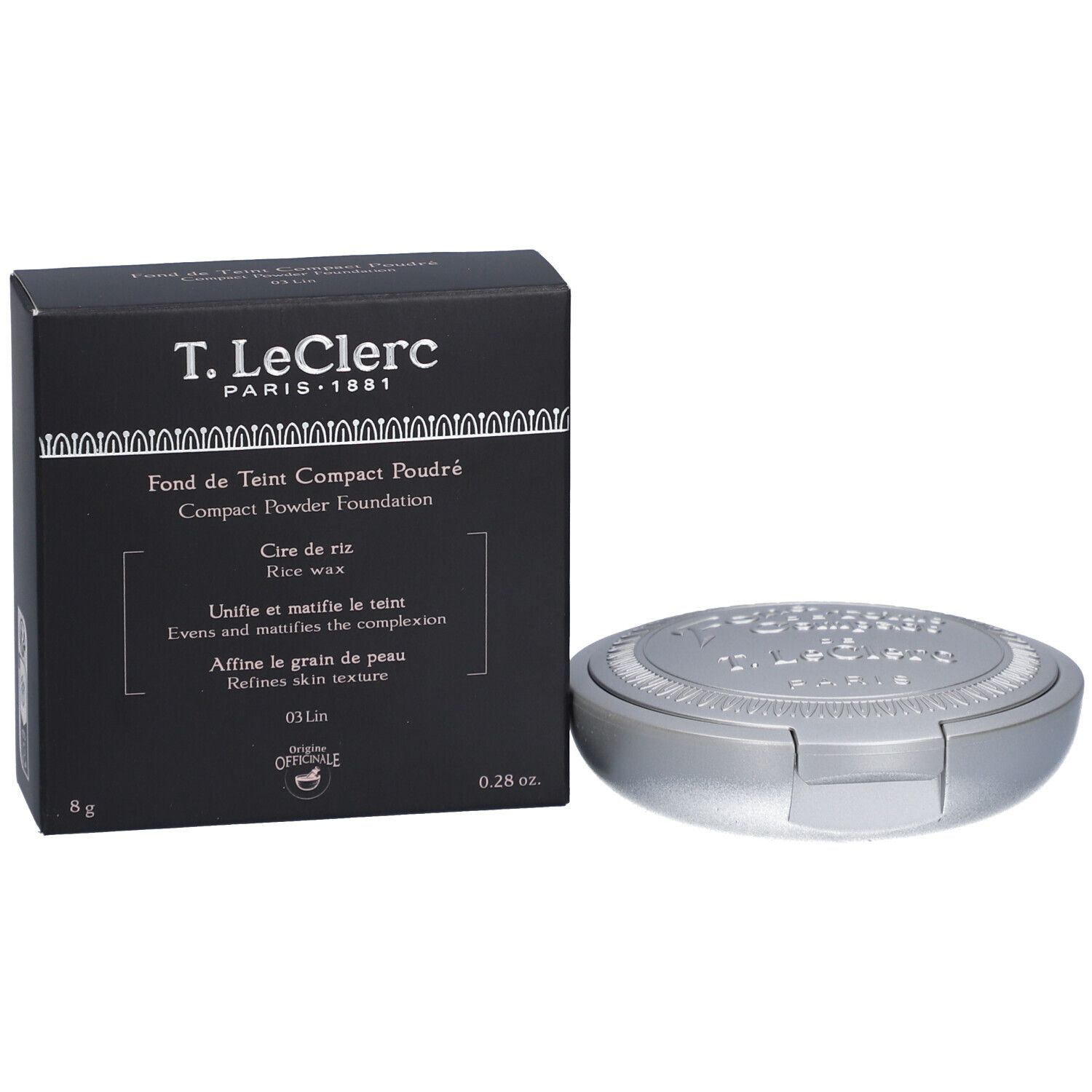 Kompaktpuder-Foundation und Schachtel. Schwarze Schachtel mit Produktinformationen und silberfarbenes Puder-Compact.