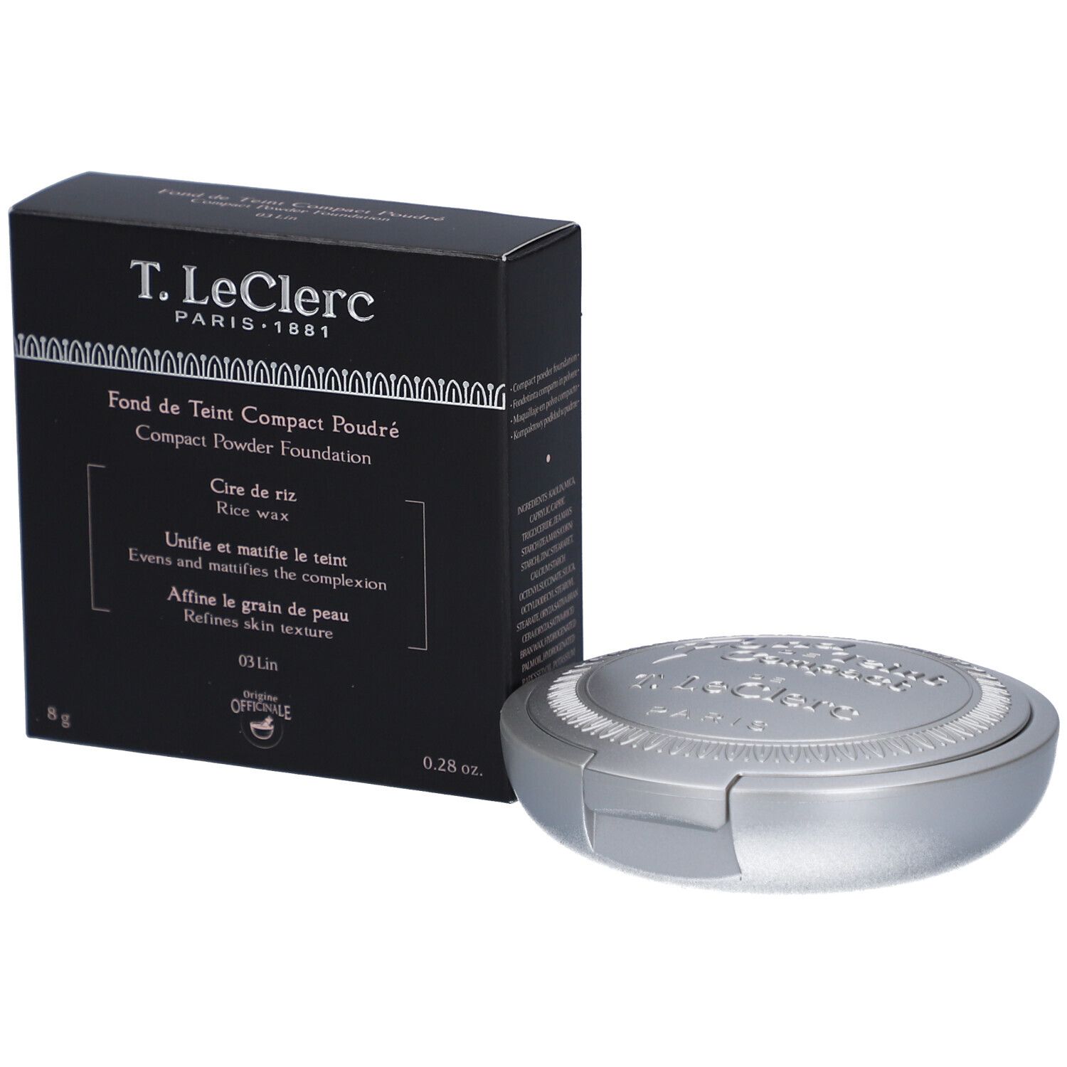 Kompaktpuder-Foundation und Schachtel. Schwarze Schachtel mit Produktinformationen und silberfarbenes Puder-Compact.