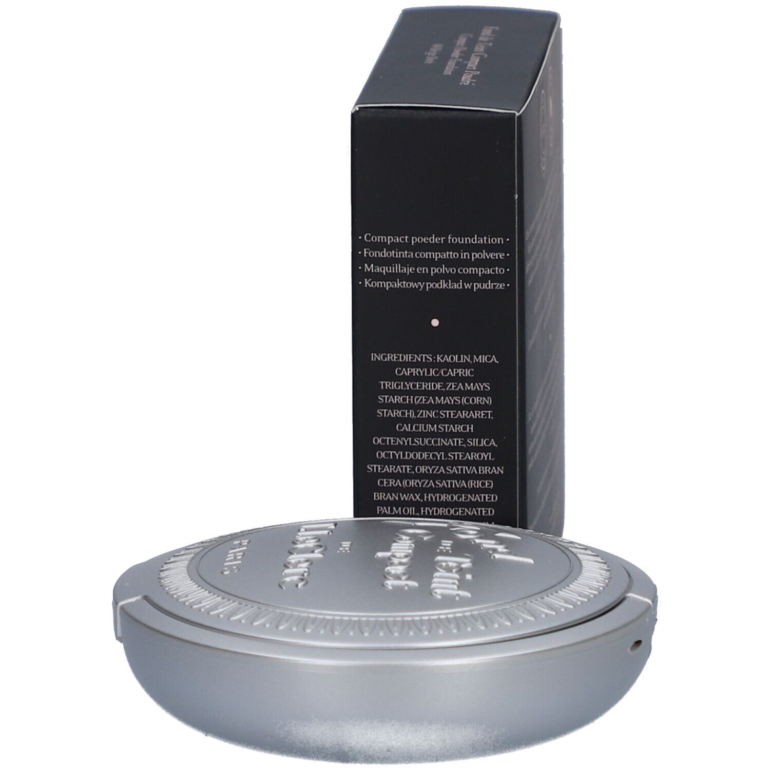 Kompaktpuder-Foundation und Schachtel. Silberfarbenes Gehäuse, schwarze Schachtel mit Produktinformationen. Marke: T. LeClerc.