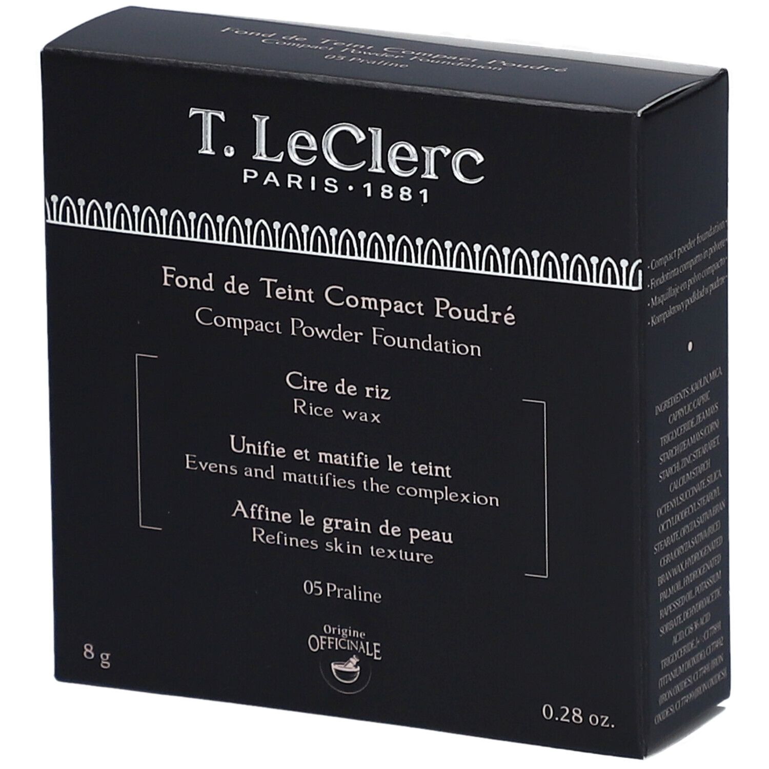 Schwarze Schachtel mit Produktinformationen. Text: T. LeClerc, Fond de Teint Compact Poudré, 05 Praline, 8g, 0.28 oz.