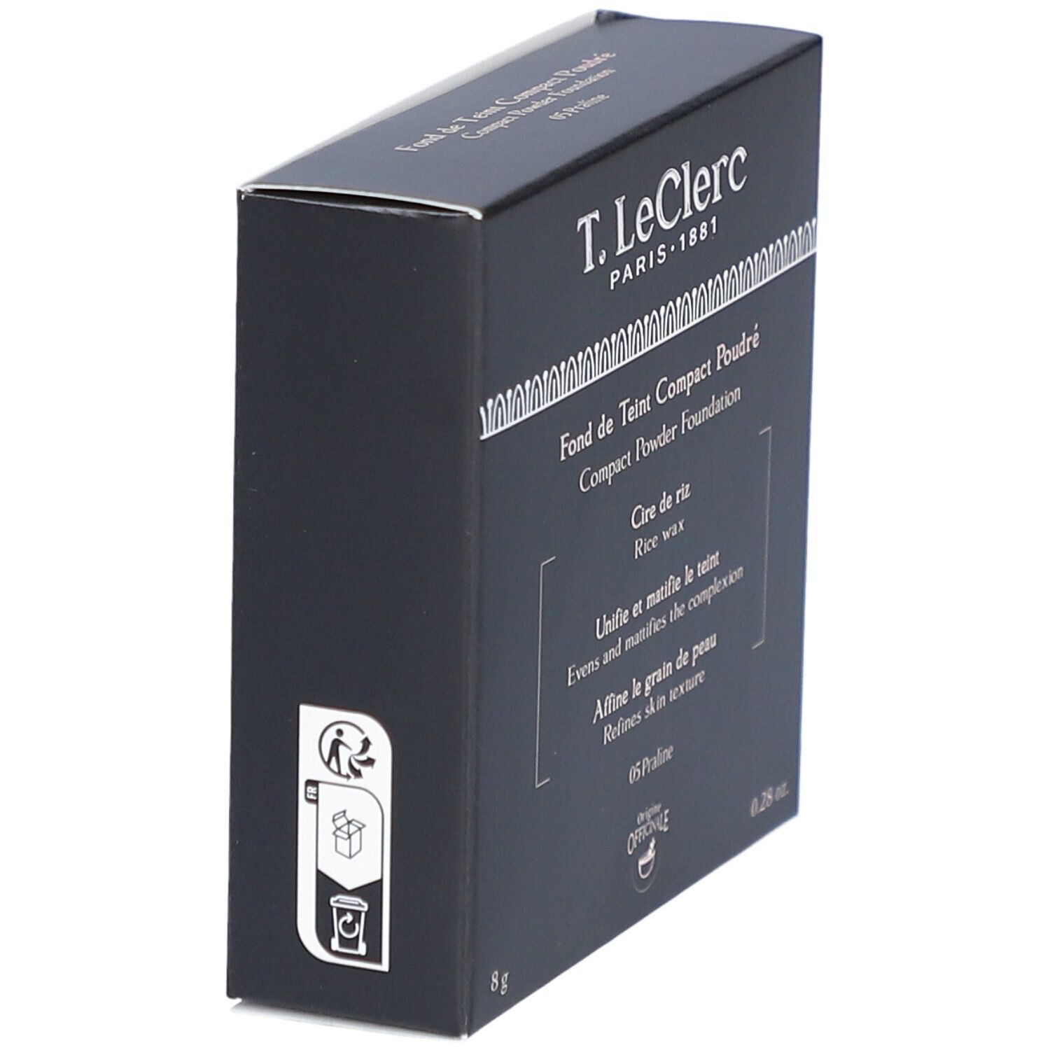 Schwarze Schachtel, schräg. Text: T. LeClerc, Fond de Teint Compact Poudré, 05 Praline. Recycling-Symbol.