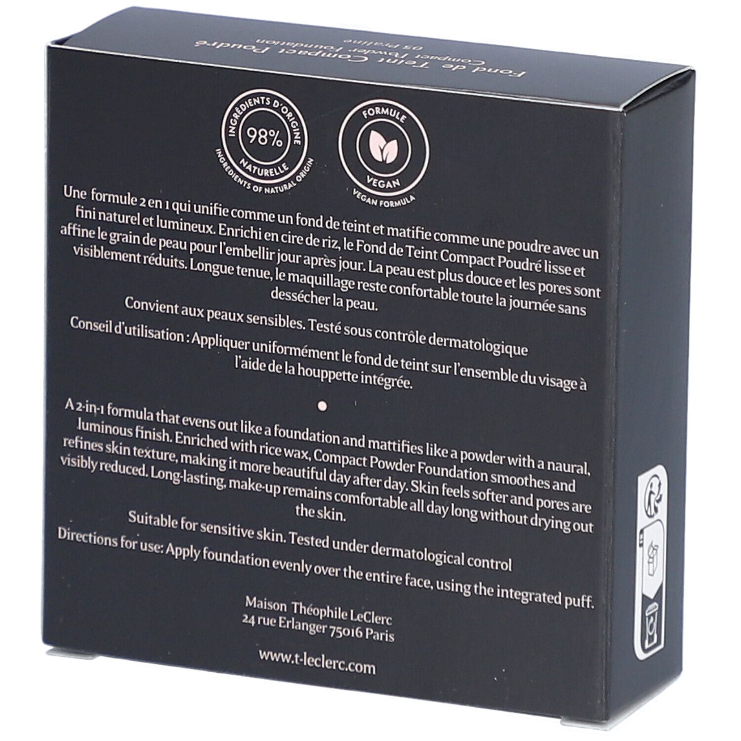 Rückseite der schwarzen Schachtel. Text: Inhaltsstoffe, veganes Siegel, 98% natürlich, dermatologisch getestet.