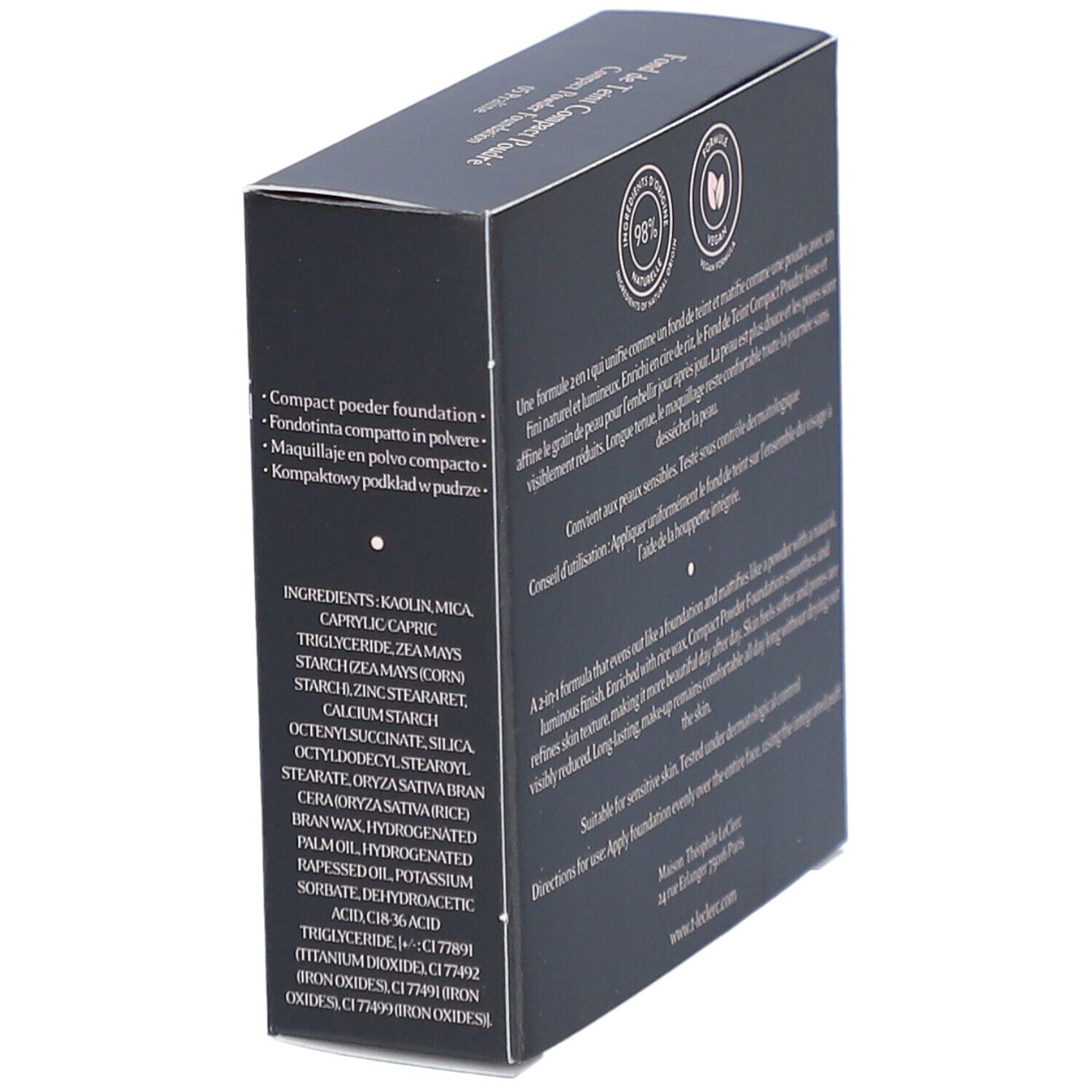 Schwarze Schachtel, schräg. Text: Inhaltsstoffe, veganes Siegel, 98% natürlich, dermatologisch getestet.