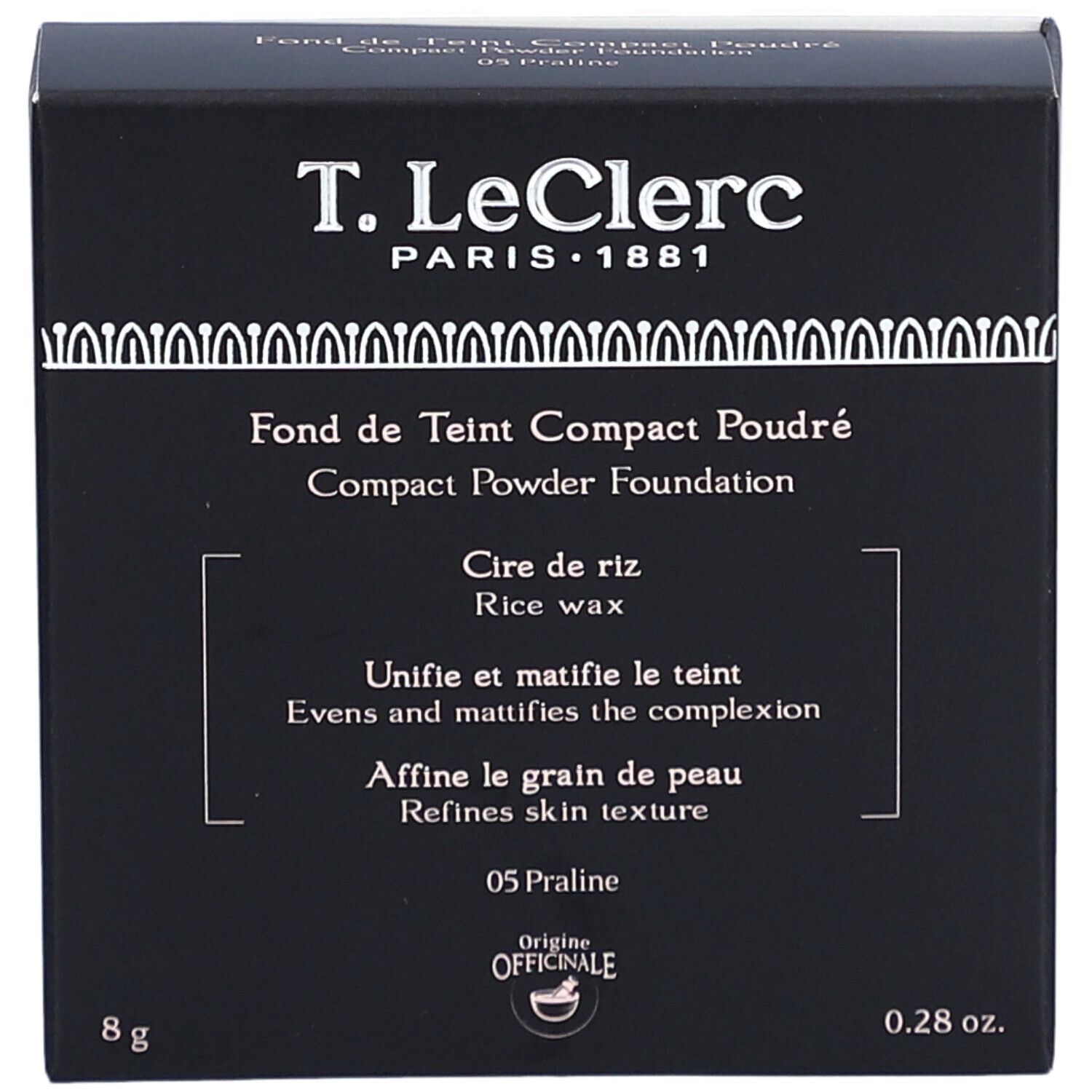 Schwarze Schachtel mit Produktinformationen. Text: T. LeClerc, Fond de Teint Compact Poudré, 05 Praline, 8g, 0.28 oz.